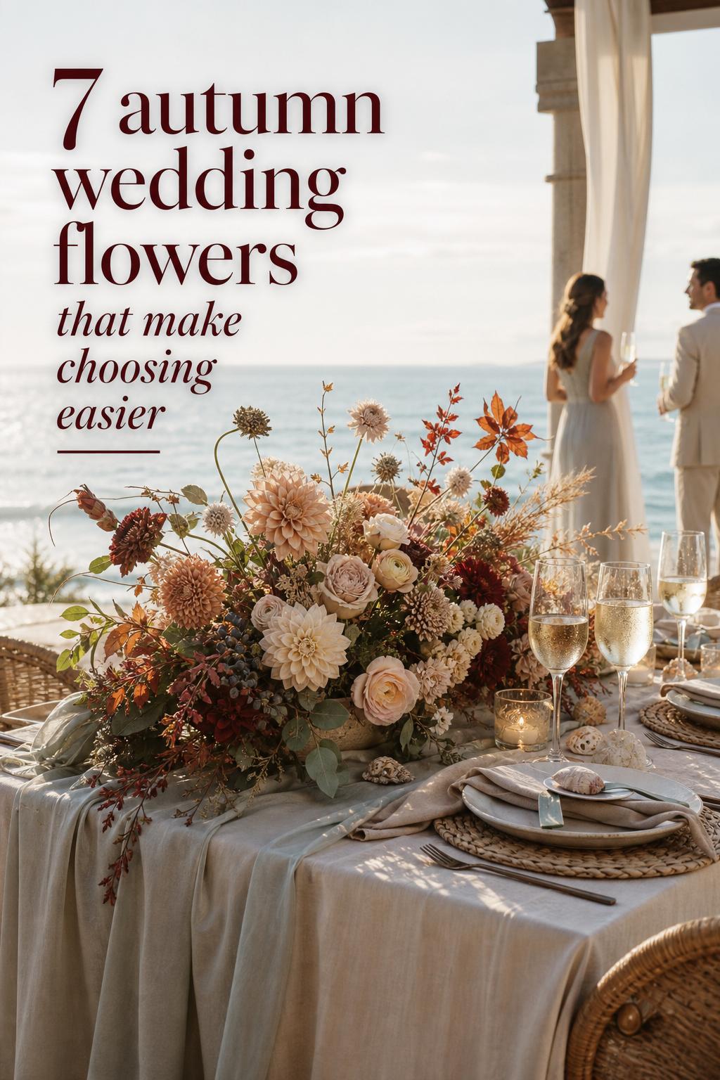 Autumn wedding flowers centerpiece on a luxury seaside reception table with ocean view, soft golden-hour light and airy linens