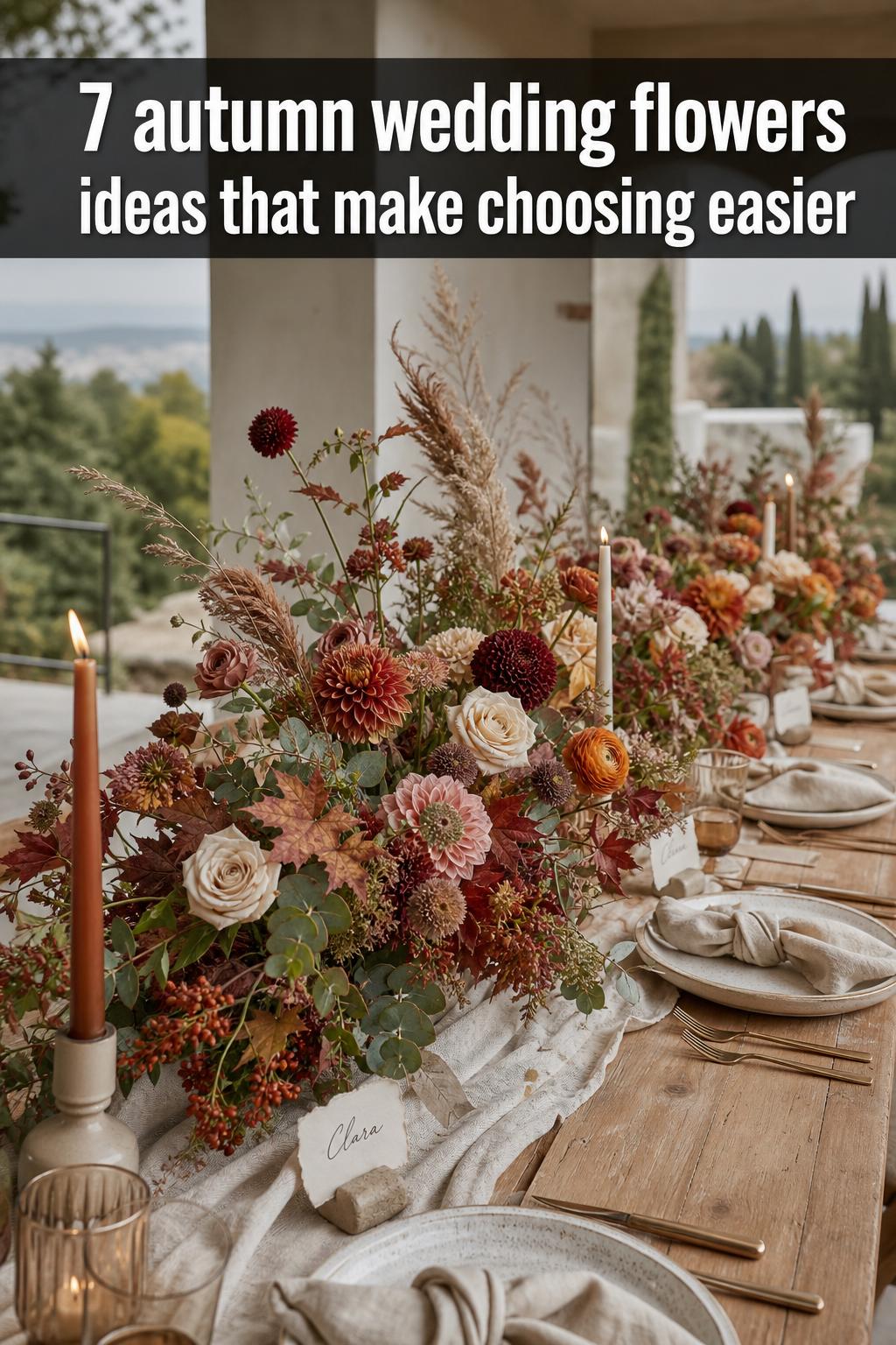 Autumn wedding flowers in a rustic bridal bouquet with dahlias, roses, and eucalyptus in warm seasonal tones