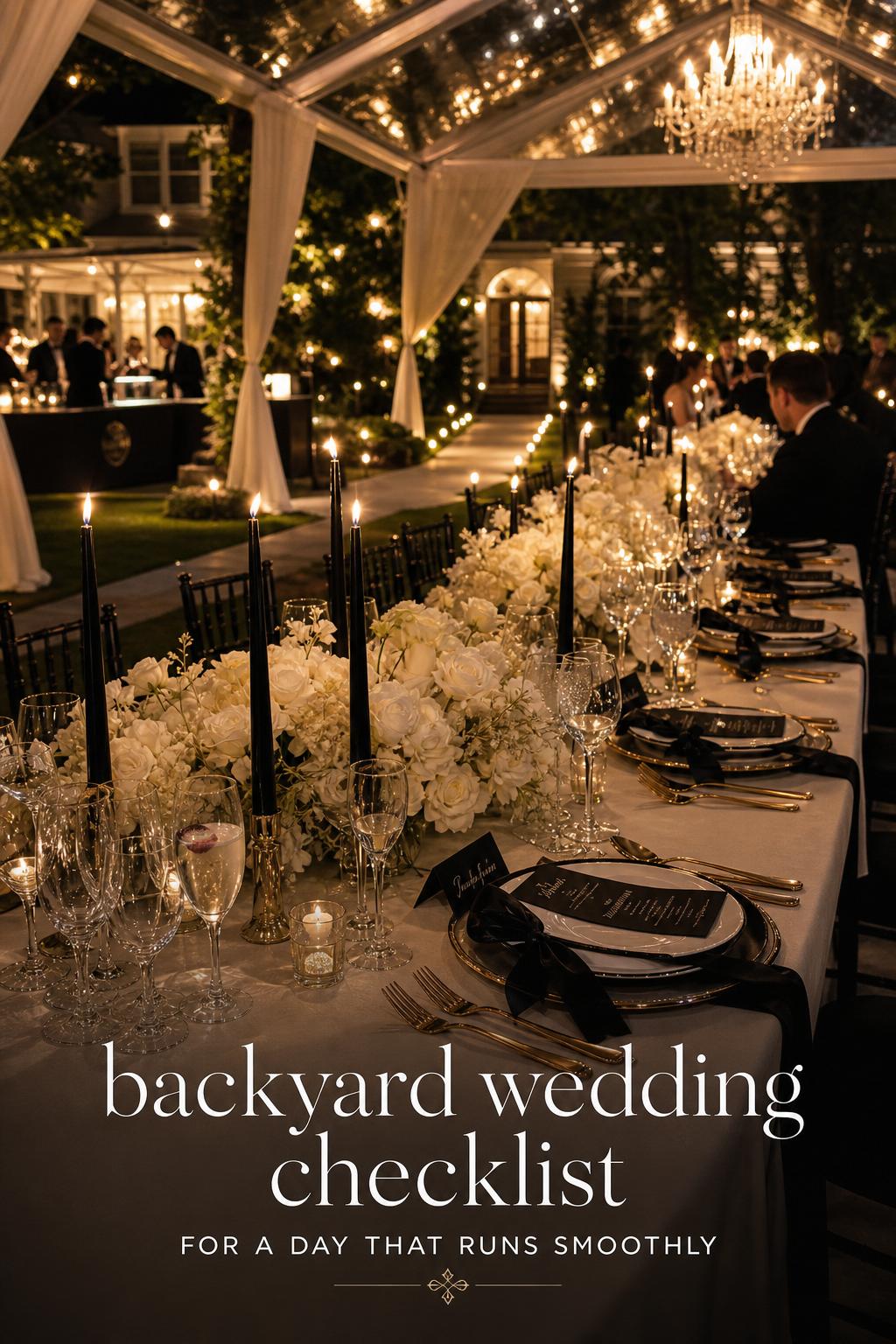 Backyard wedding checklist inspiration: black tie tent reception table with candles, ivory linens, and elegant estate lighting