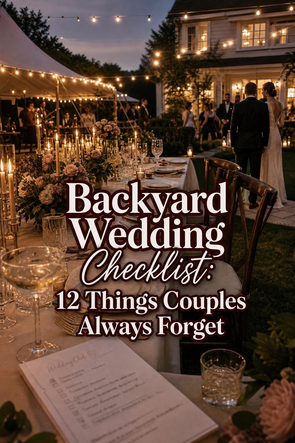 Backyard wedding checklist scene with candlelit tented dinner table, string lights, and champagne glasses at golden hour