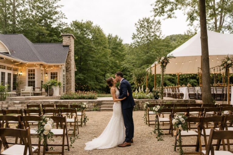 Backyard wedding checklist setup with garden ceremony chairs, string lights, and elegant reception table under a tent