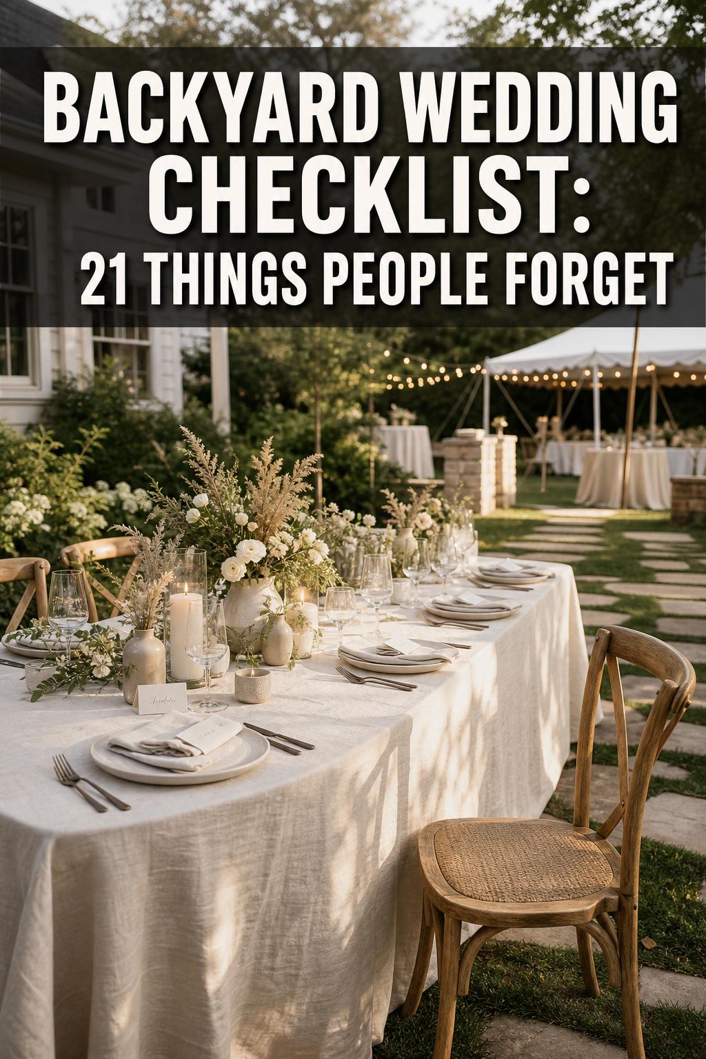 Backyard wedding checklist on a clipboard beside rings and flowers on a rustic table, ready for planning.
