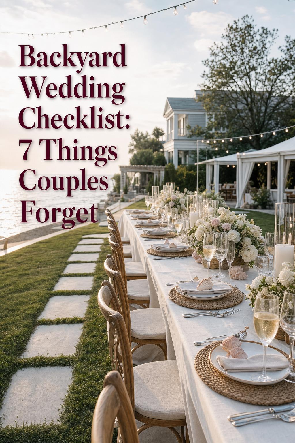 Backyard wedding checklist coastal reception table at seaside villa with string lights, ivory linen and oceanfront details