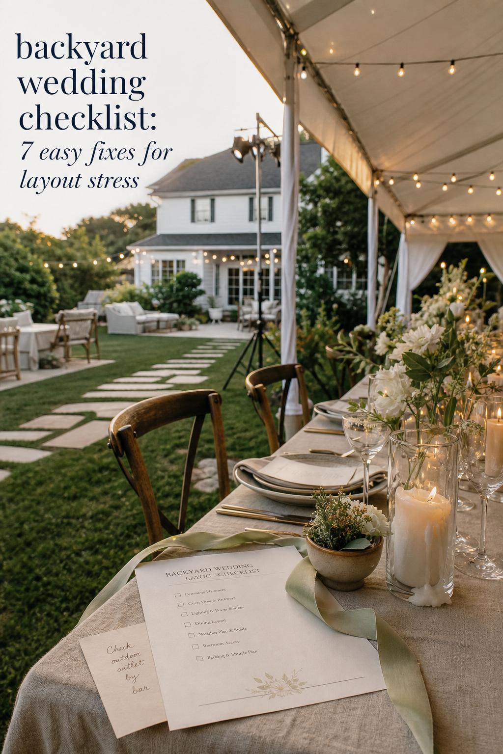 Backyard wedding checklist on a linen reception table with string lights and tented lawn dinner setup in warm evening light
