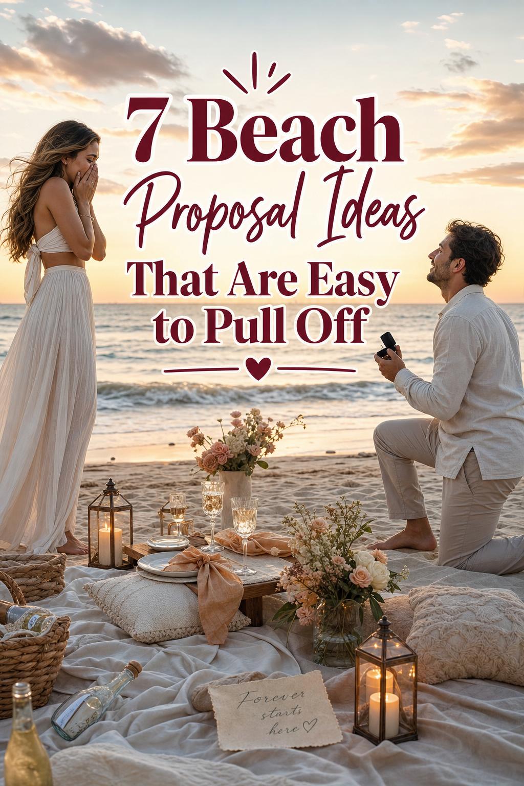 Beach proposal ideas golden-hour picnic setup with kneeling partner on quiet shoreline, lanterns and linens by the waves