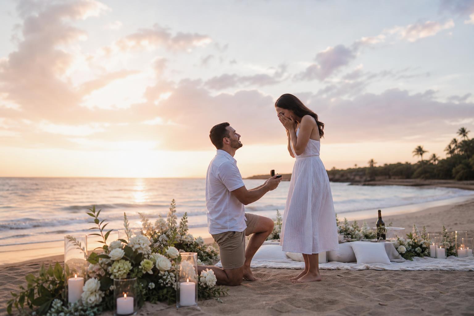 Beach proposal ideas with a romantic sunset picnic setup by the ocean
