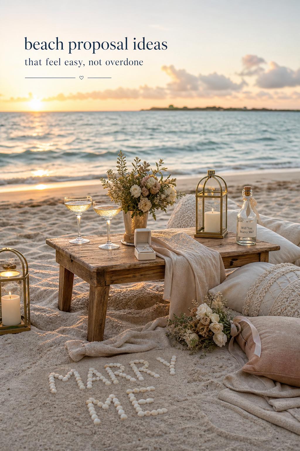 Beach proposal ideas at sunset: minimalist picnic setup with ring box, champagne, lanterns, and shell “Marry Me” on sand.
