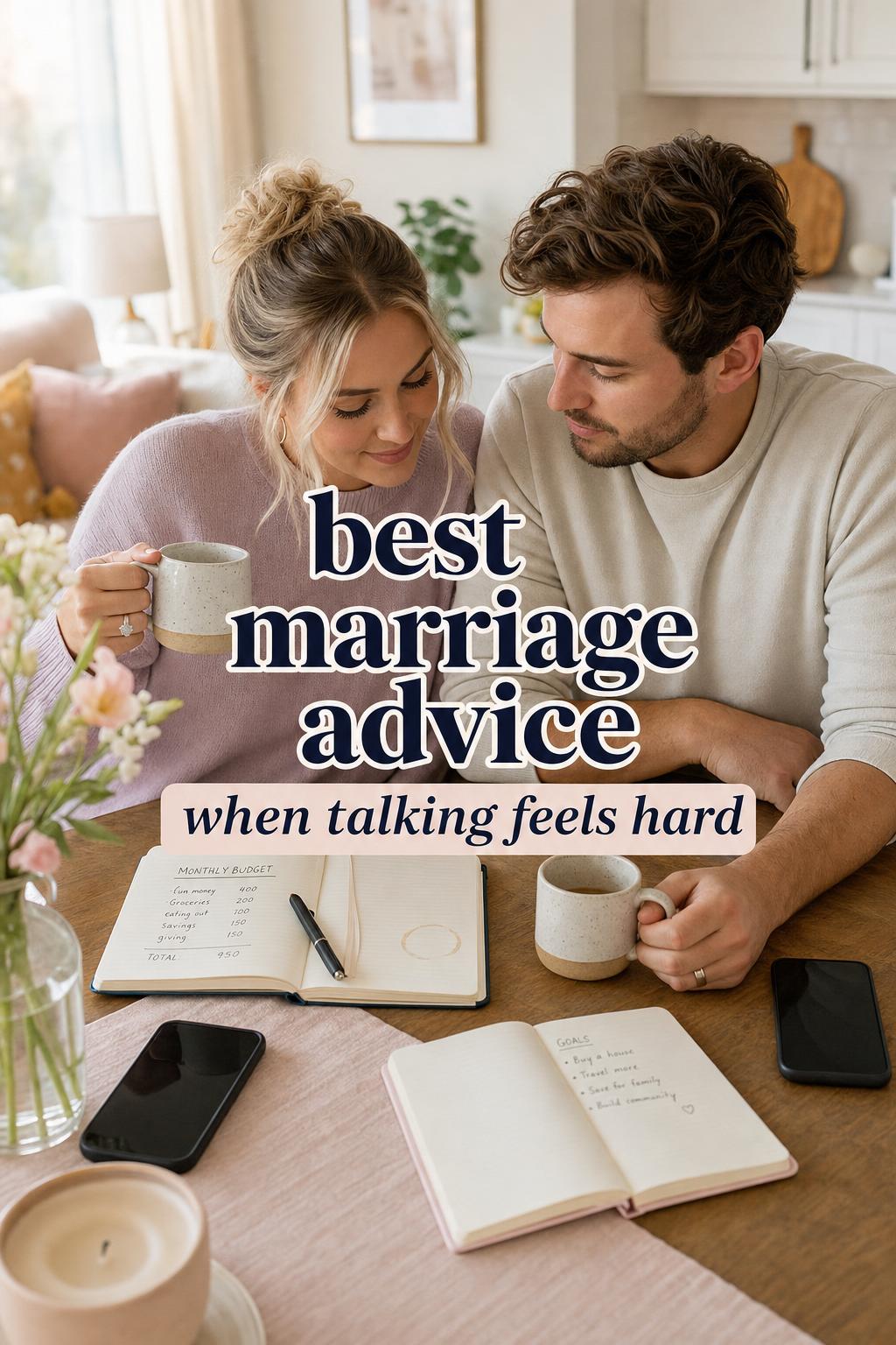 Couple reviewing notebooks and budget at kitchen table with wedding rings, coffee mugs, and calm talk—best marriage advice