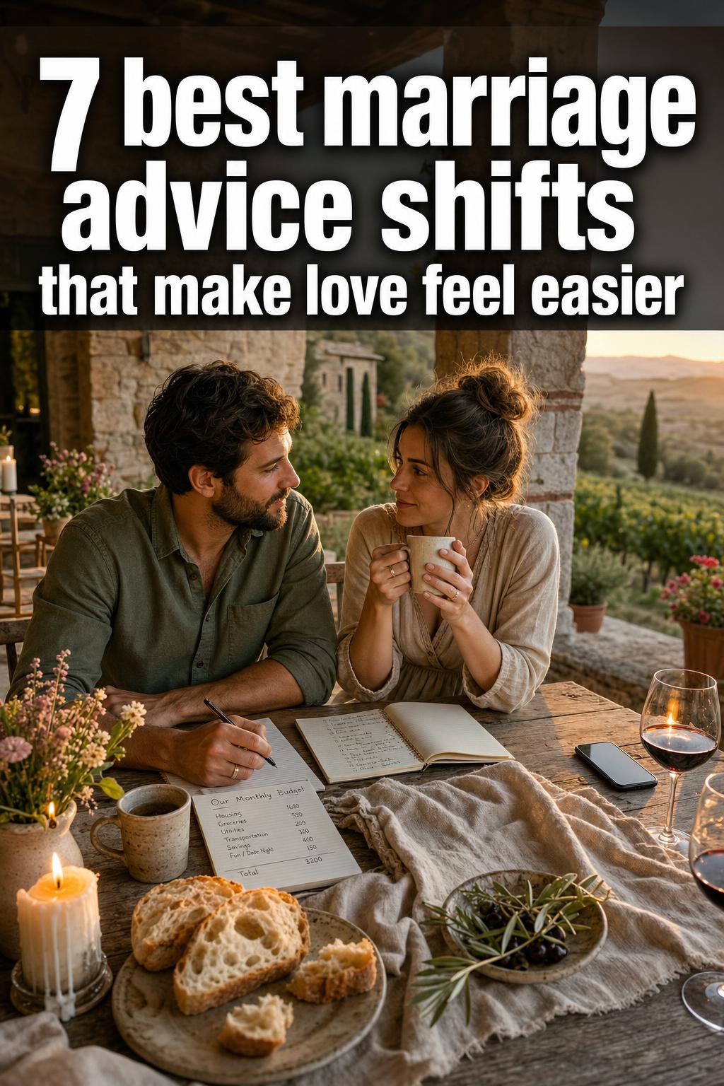 Couple holding hands at sunset, sharing the best marriage advice in a calm, loving moment