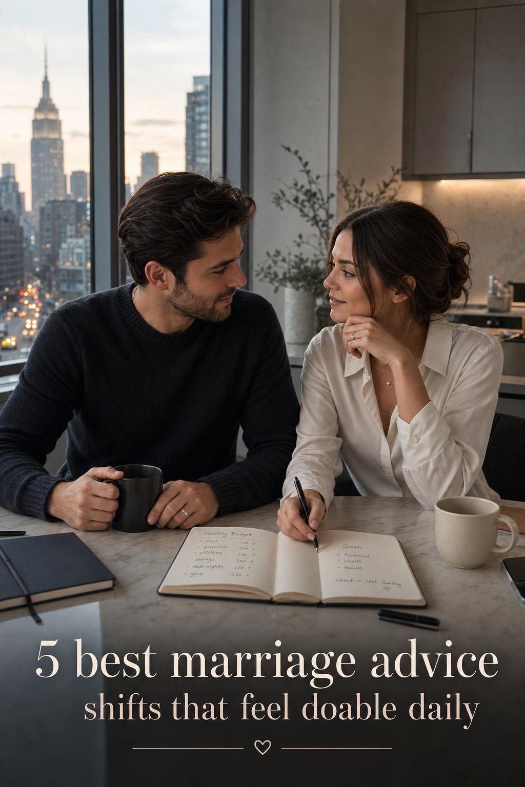 Best marriage advice: modern couple doing an evening check-in at an urban kitchen table with notebook and coffee mugs