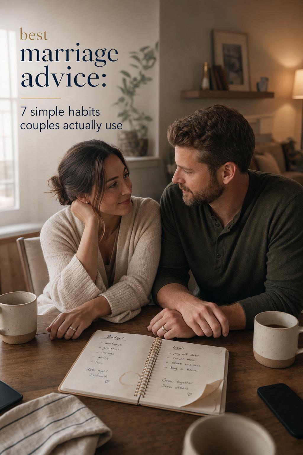 best marriage advice in a quiet kitchen check-in with married couple, notebook, coffee mugs, and wedding rings at dusk