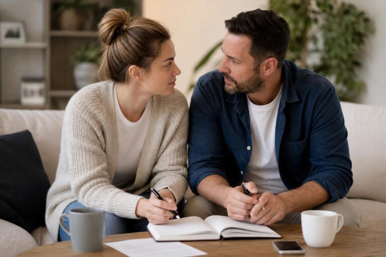 Best marriage advice: couple having a calm weekly check-in at home with coffee and a notebook