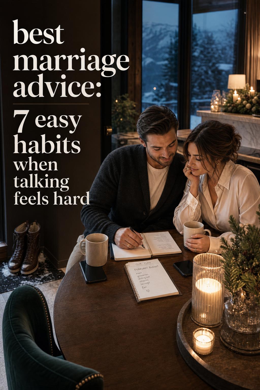 best marriage advice scene: couple at candlelit kitchen table in winter alpine suite, notebooks, rings, and snow outside
