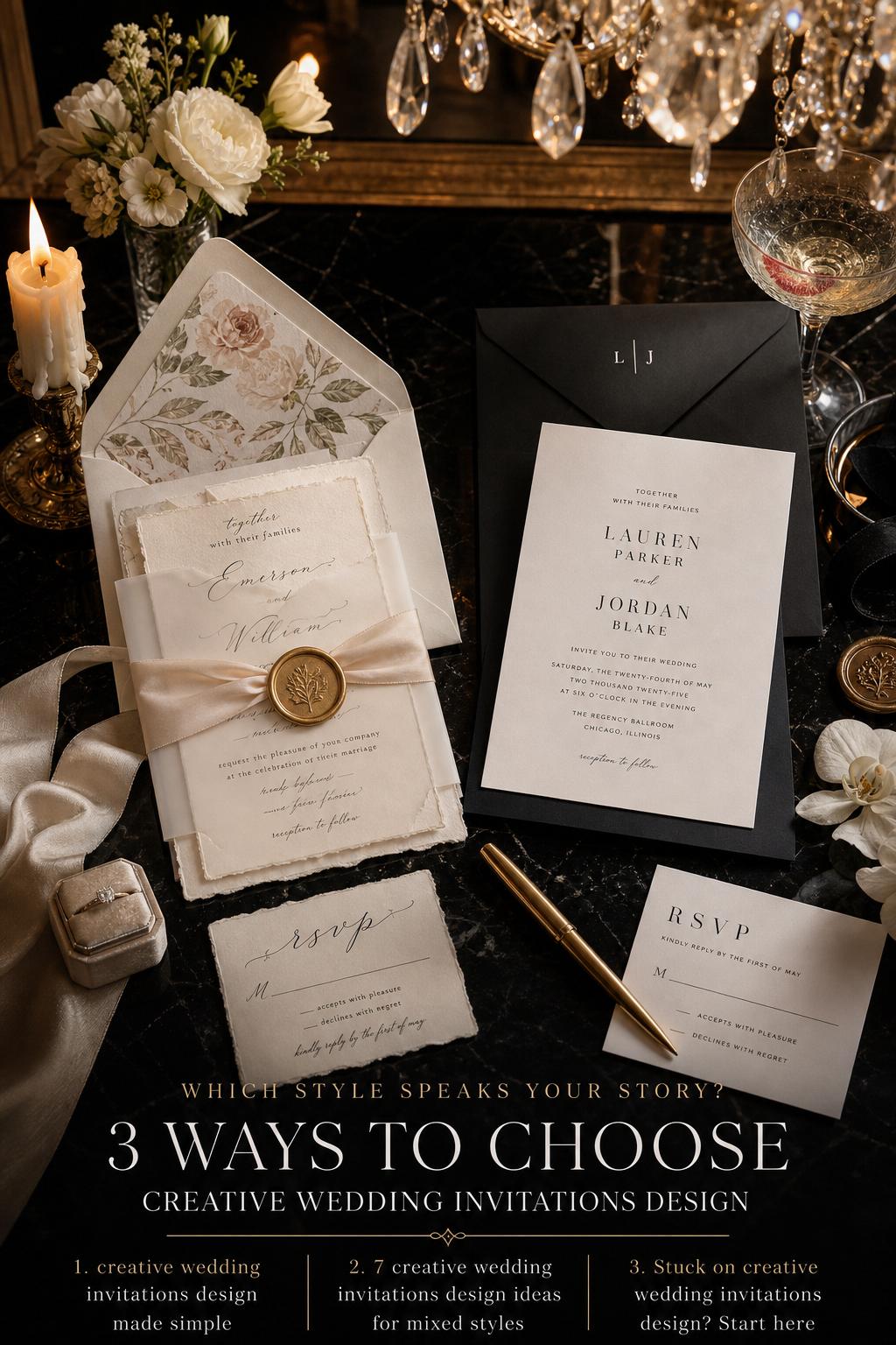 Luxury black tie invitation flatlay on black marble featuring creative wedding invitations design in romantic and minimalist styles