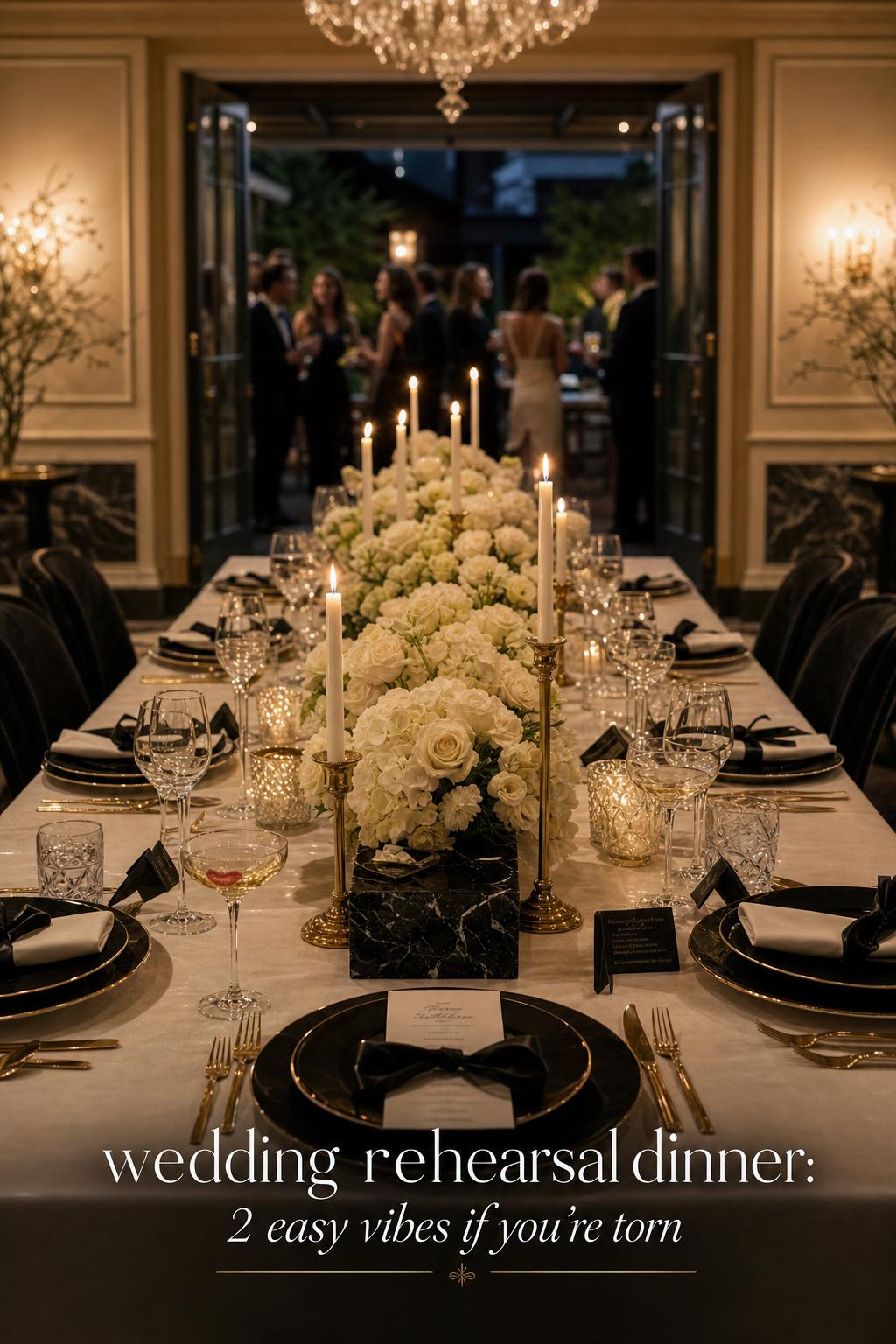 Luxury black tie wedding rehearsal dinner table with candles, white florals, and crystal in a private dining room