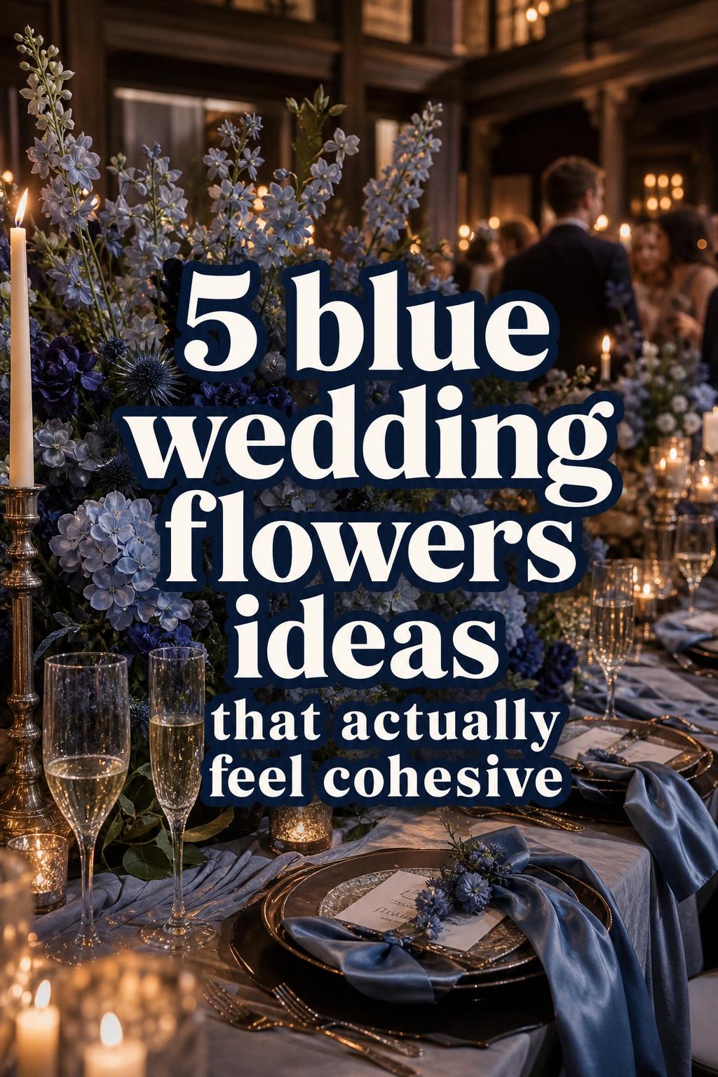 Blue wedding flowers in a candlelit estate reception tablescape with midnight-blue centerpiece, champagne glasses, and warm ivory tapers
