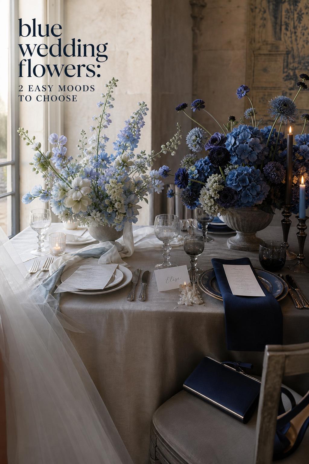 Reception table with split-toned blue wedding flowers, showing soft romantic blooms and bold dramatic arrangements