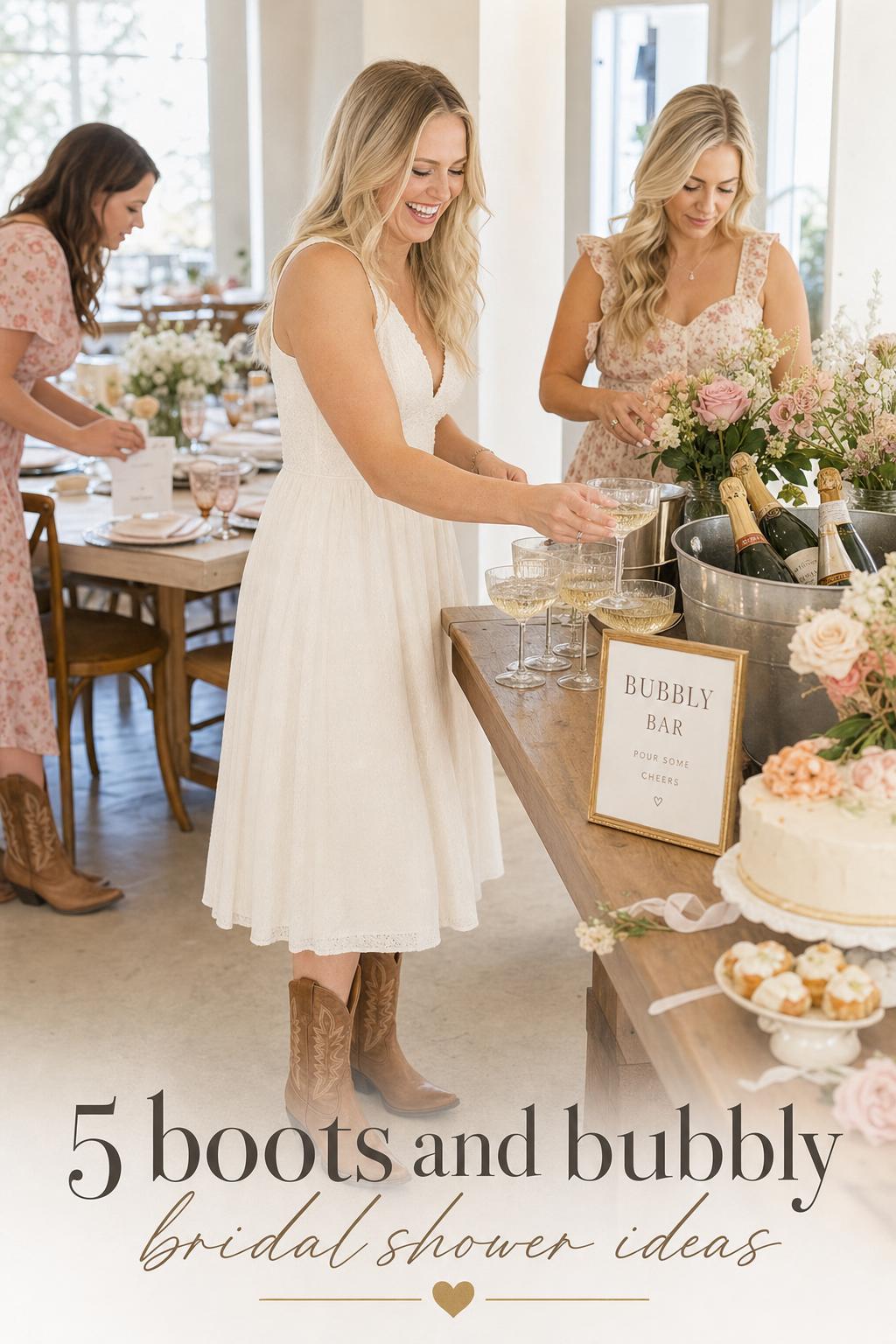 Bride-to-be laughing at a champagne bar during a boots and bubbly bridal shower ideas setup with tan cowboy boots and blush florals