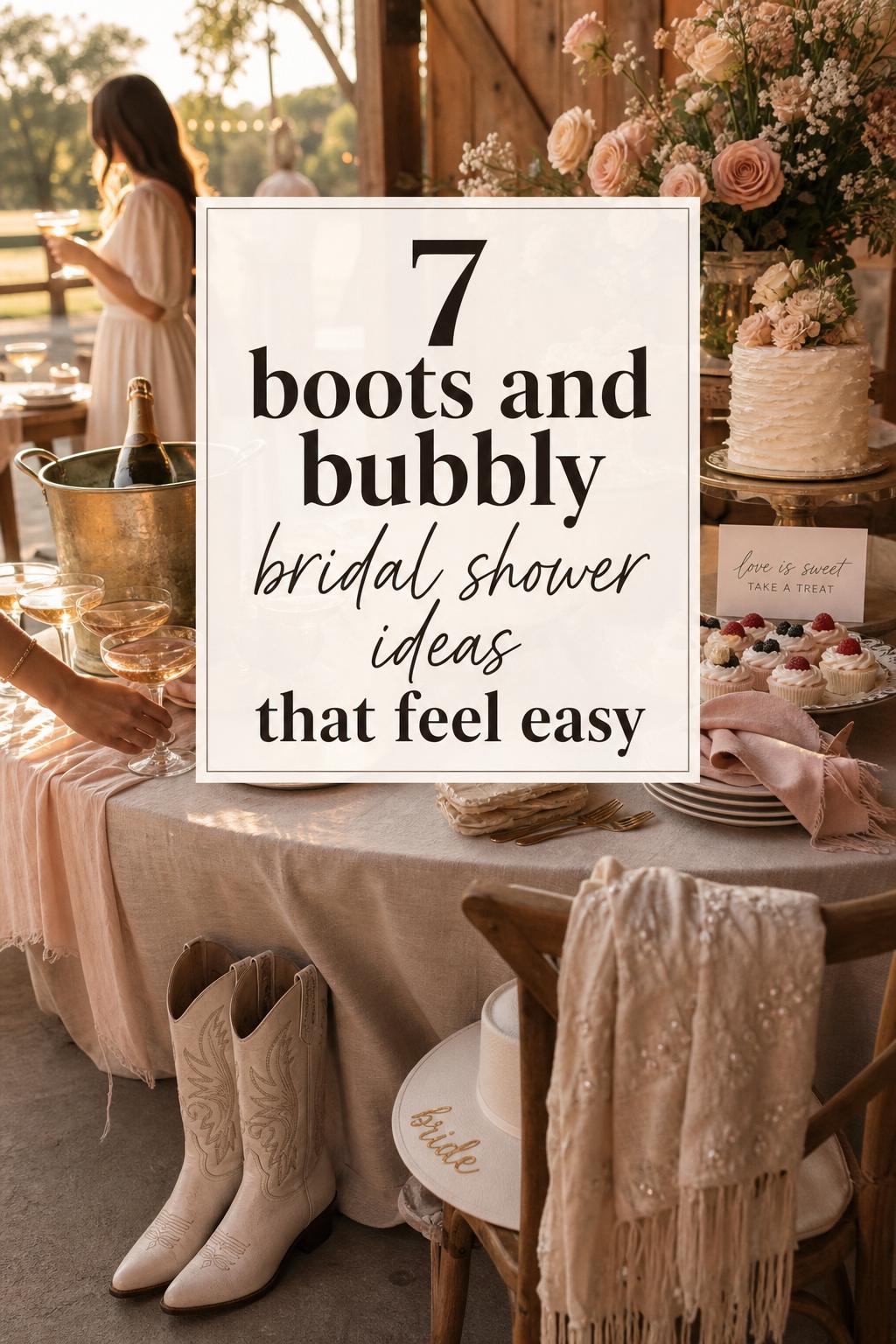 Boots and bubbly bridal shower ideas with a rustic brunch bubbly bar, desserts, and ivory cowboy boots in warm golden-hour light.