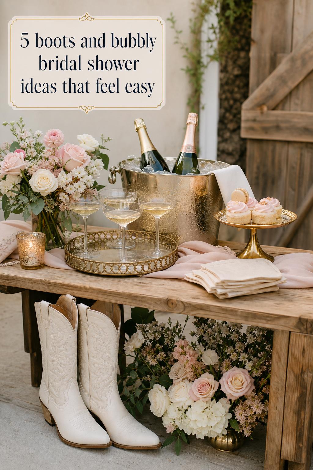 Bubbly bar with white cowboy boots, champagne coupes, florals and sign for boots and bubbly bridal shower ideas