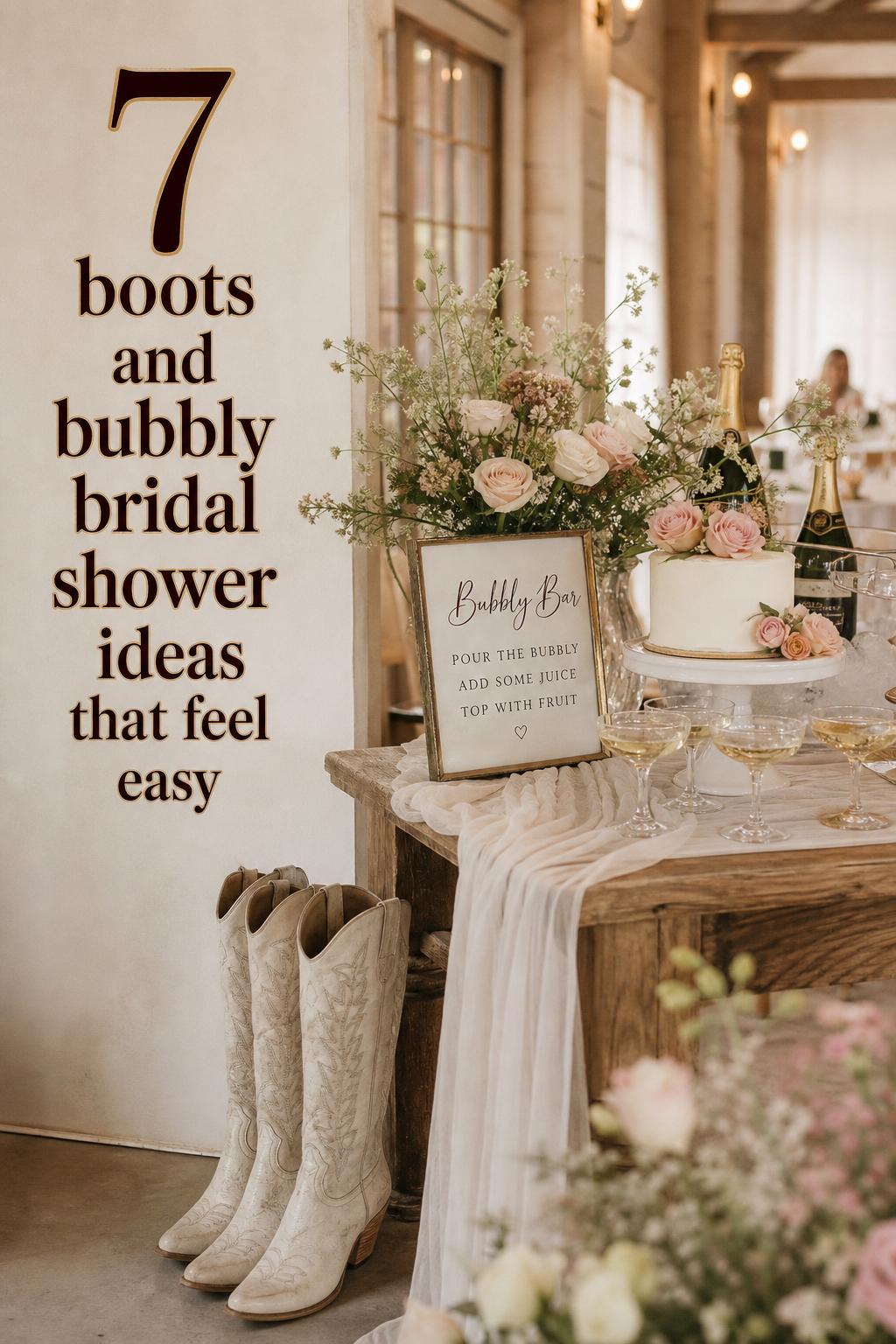 Boots and bubbly bridal shower ideas display with ivory cowboy boots, champagne bar, blush roses, and petite cake on wood table