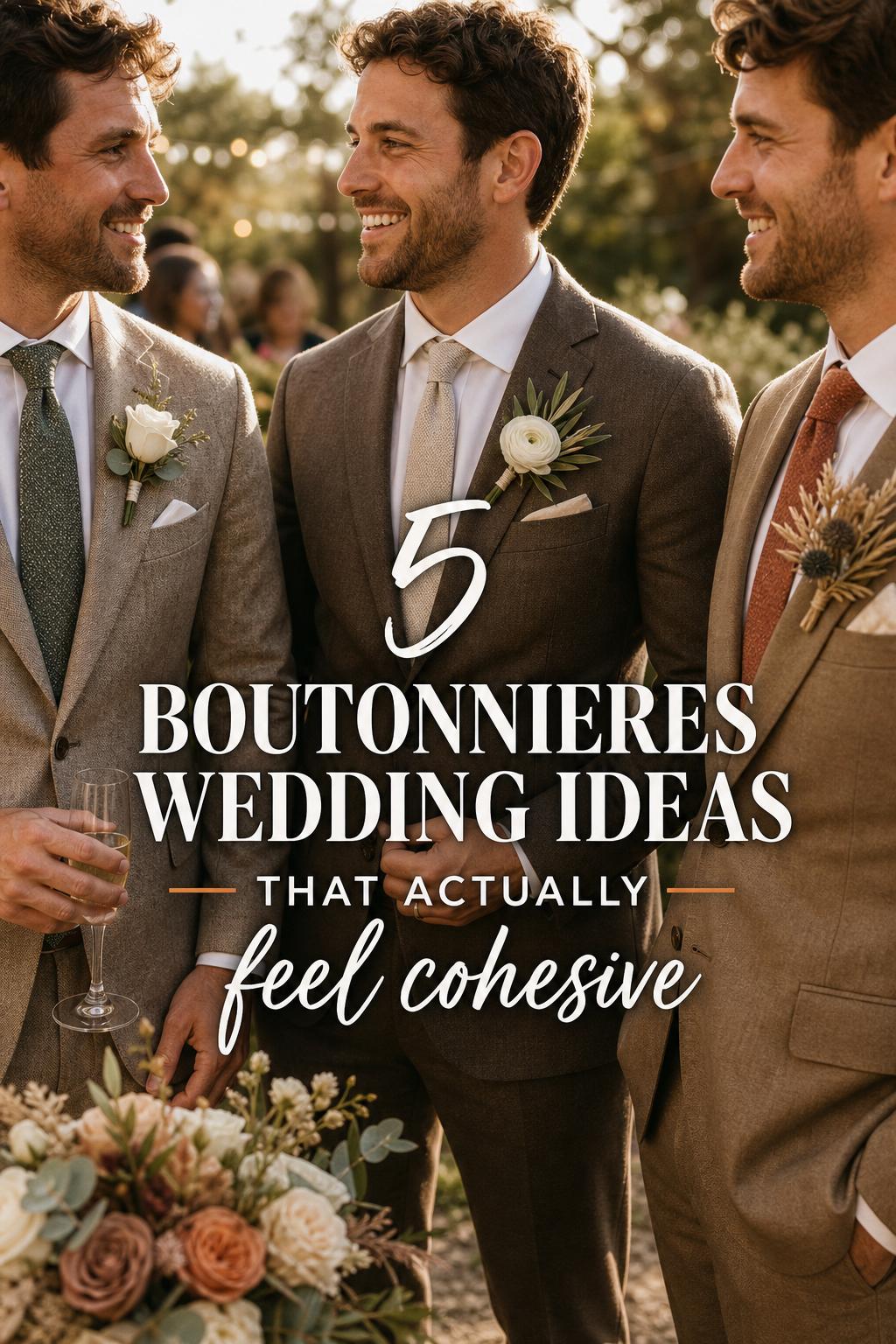 Boutonnieres wedding close-up of groom and groomsmen in golden-hour garden light with coordinated floral lapel designs