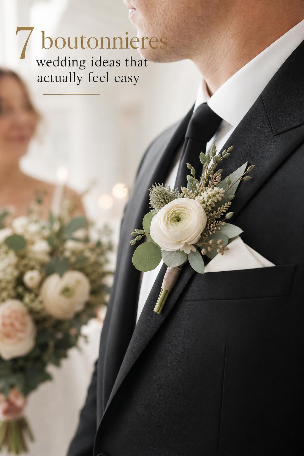 Groom suit lapel with boutonniere in soft light, elegant boutonnieres wedding styling with blurred bridal bouquet behind