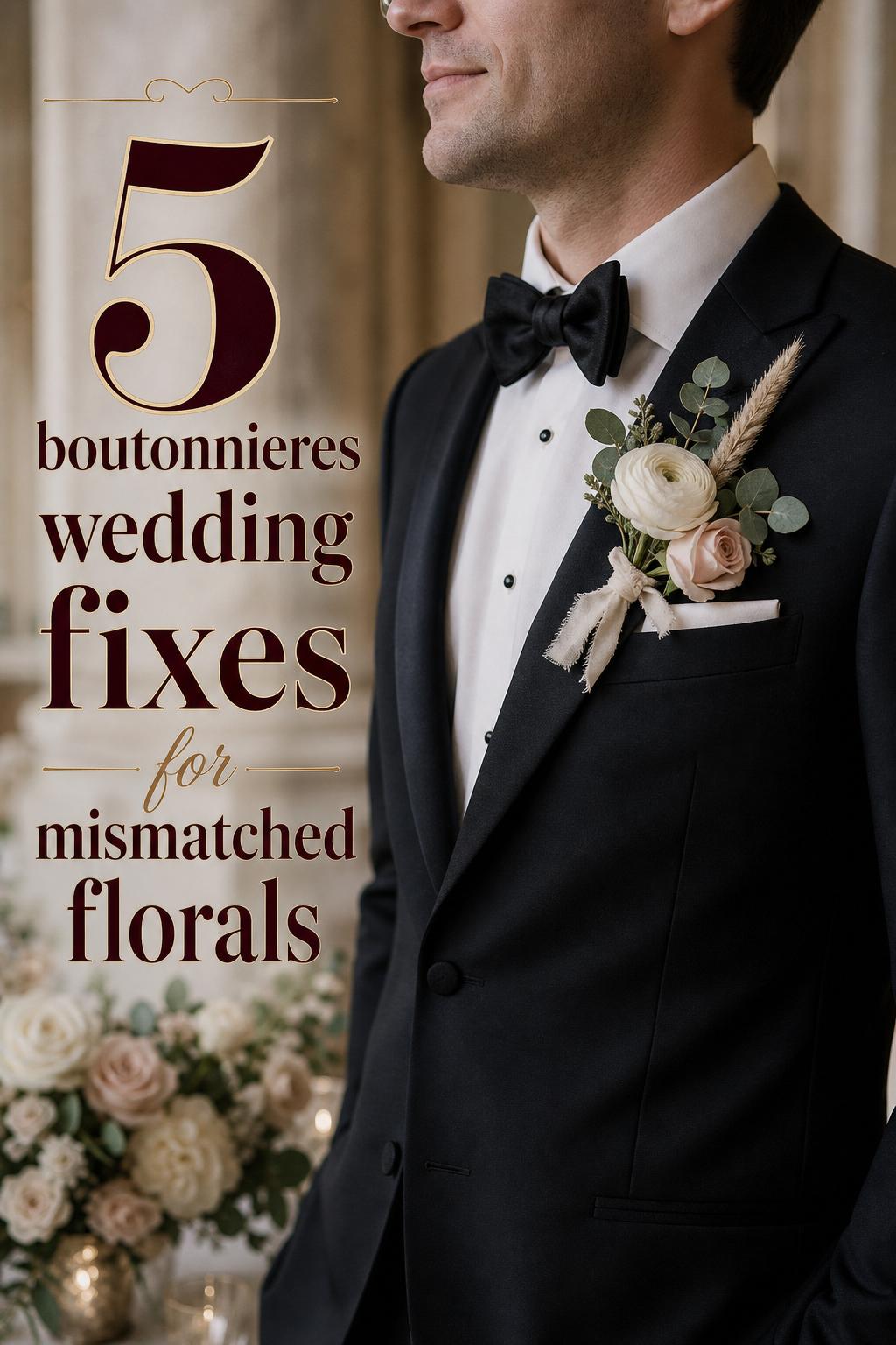 Boutonnieres wedding detail on groom’s black tuxedo with ivory ranunculus and blush rose in a romantic editorial setting
