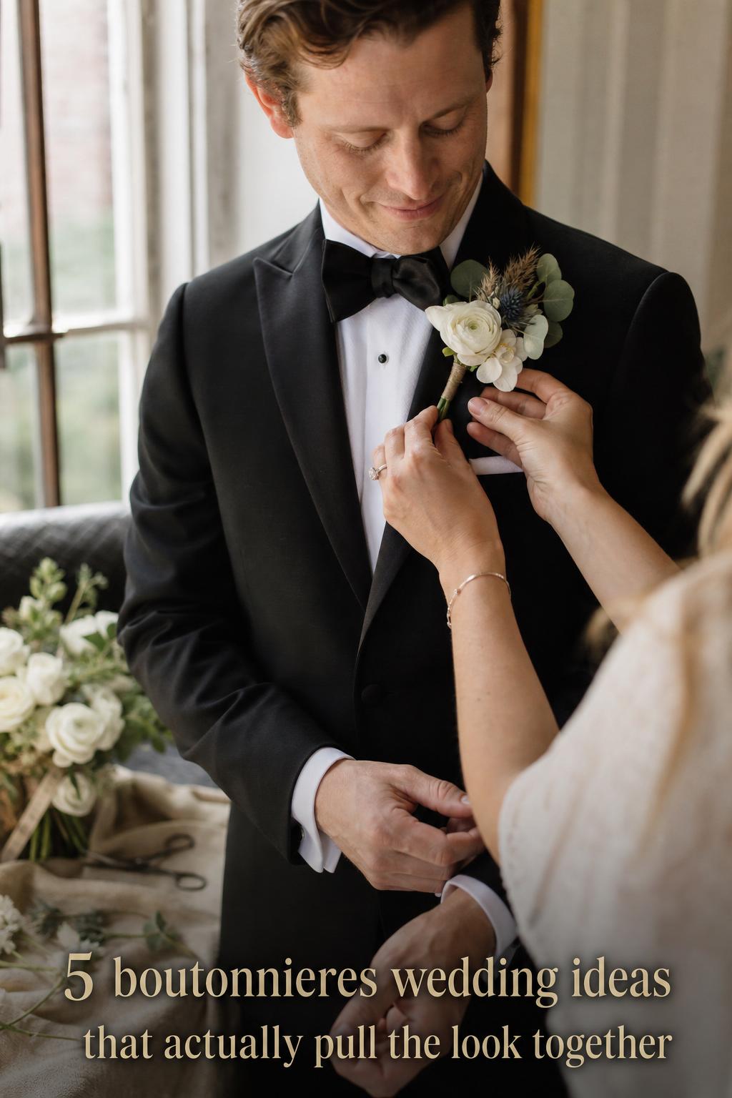 Boutonnieres wedding detail as bride and florist pin an ivory ranunculus boutonniere on groom’s tuxedo lapel by window light