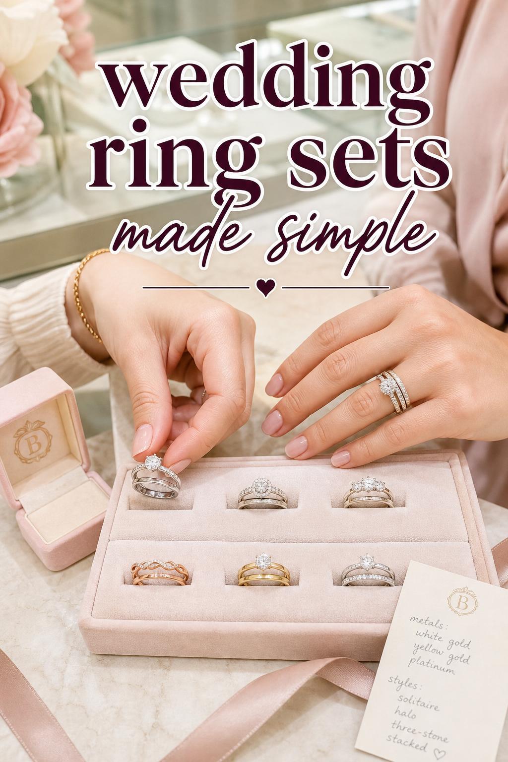 Close-up bridal hands comparing wedding ring sets on a blush velvet tray at a jeweler’s counter in soft daylight.
