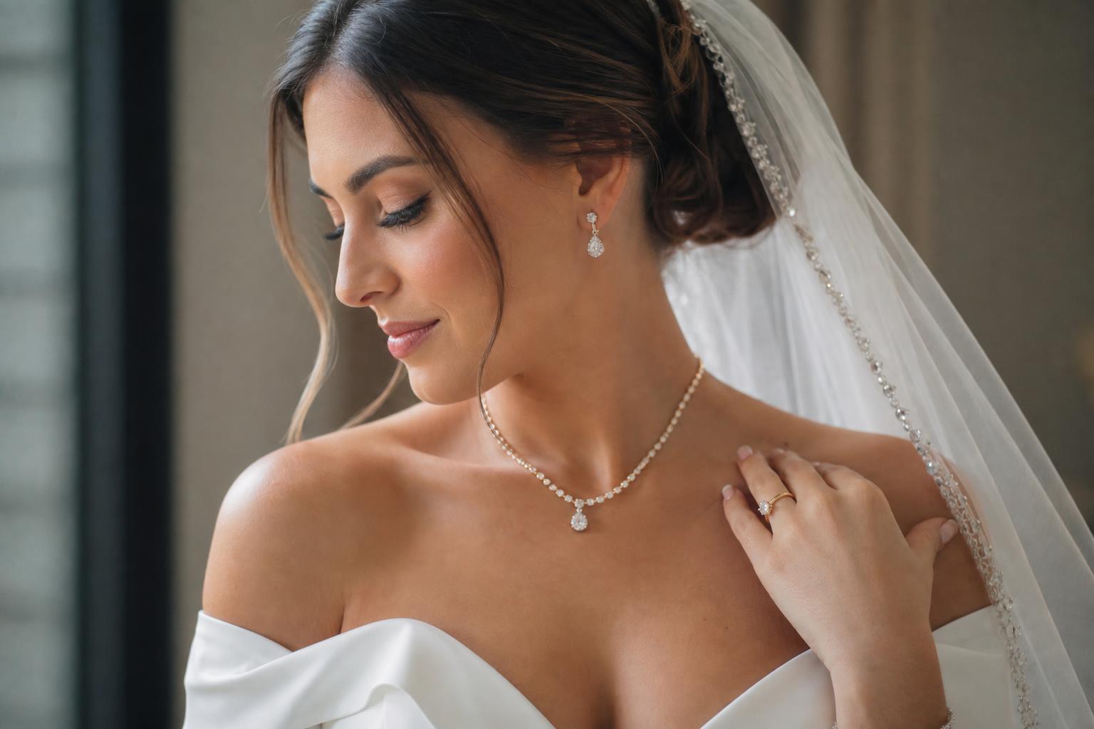 Bridal jewelry ideas with diamond earrings, pearl necklace, and tennis bracelet styled for a polished modern wedding look