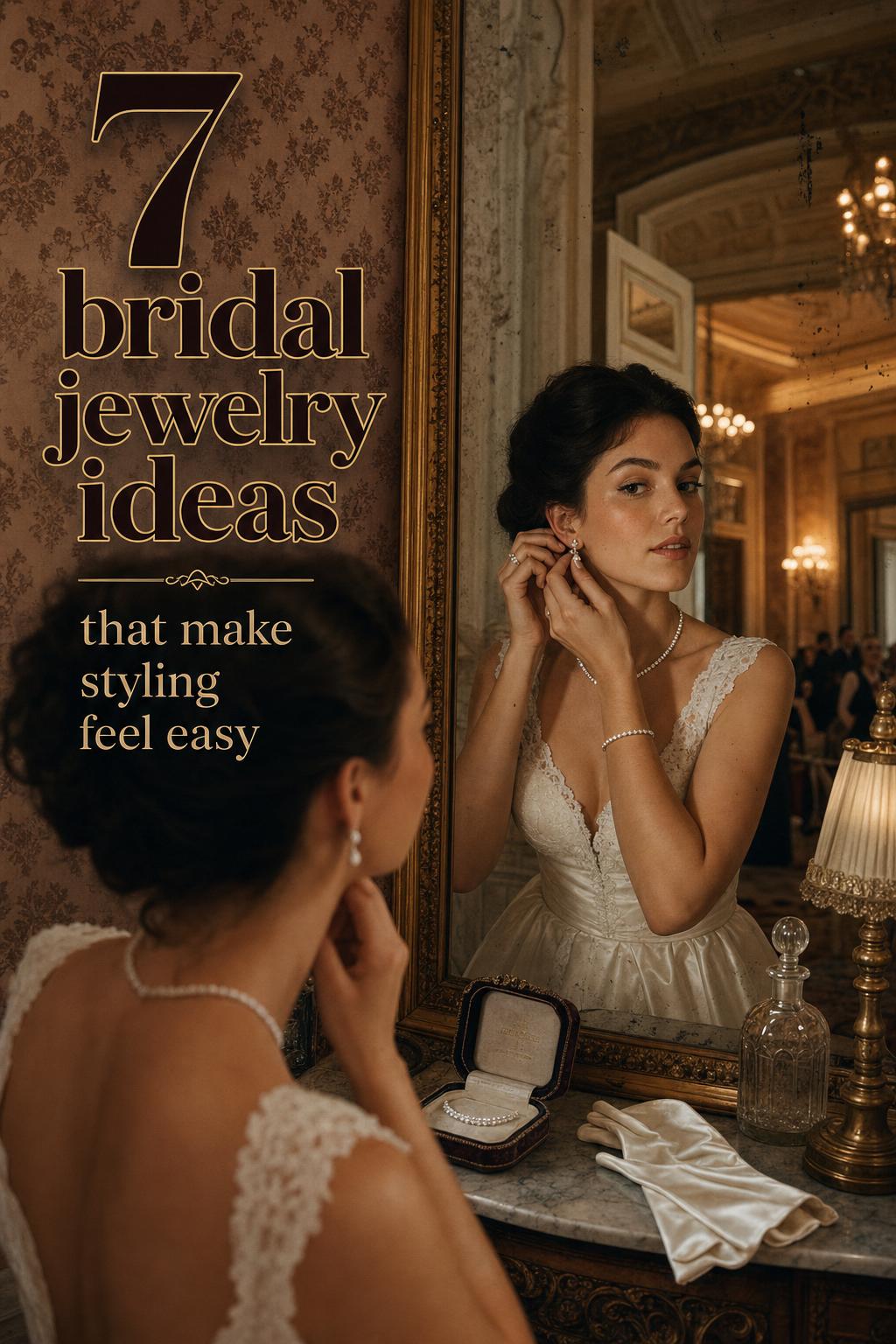 Bride adjusting earrings in a grand hotel mirror portrait, showcasing bridal jewelry ideas with pearls and diamonds