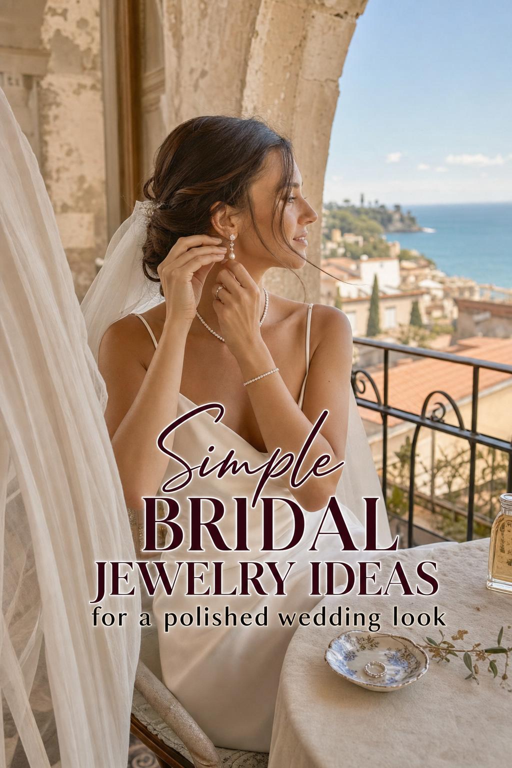Bride adjusts pearl earrings on a Mediterranean balcony, showcasing bridal jewelry ideas in warm coastal light.
