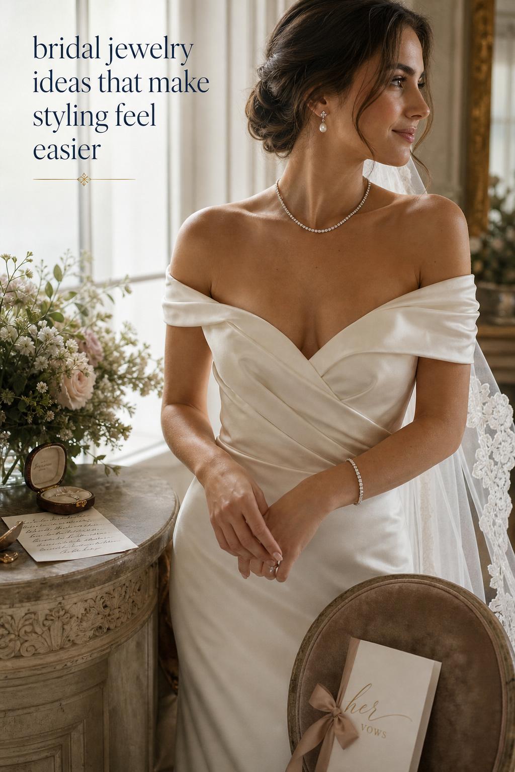 Bride in off-shoulder ivory satin gown by a window showcasing bridal jewelry ideas with diamond studs and a tennis necklace