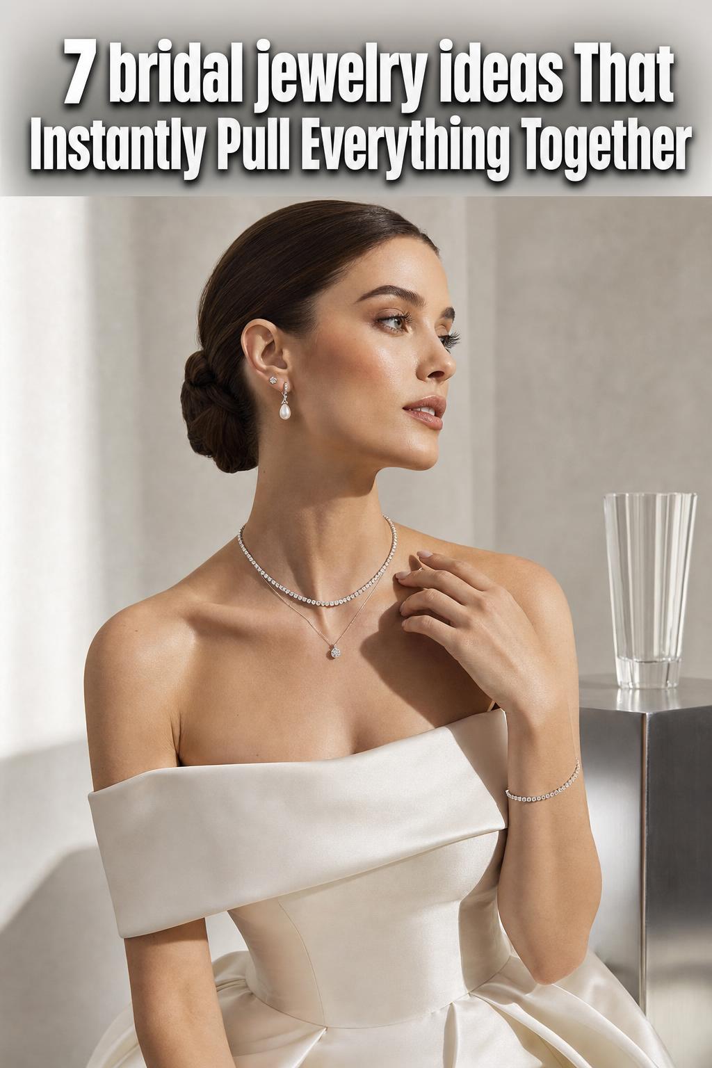 Bridal jewelry ideas featuring an elegant bride wearing pearl earrings and a sparkling necklace
