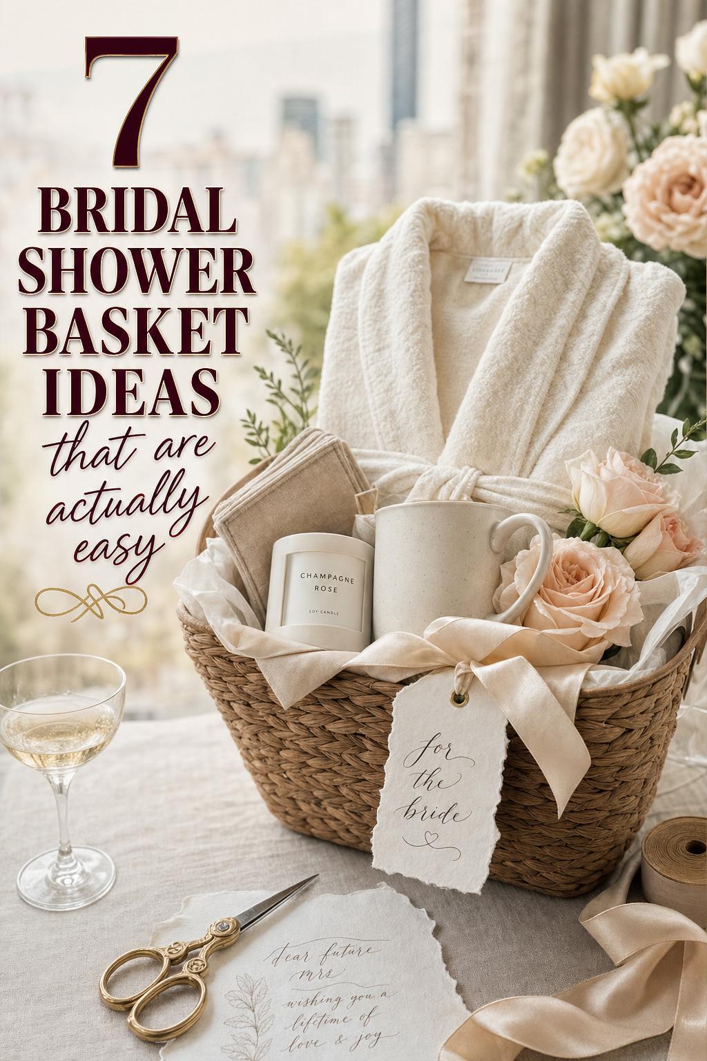 Bridal shower basket ideas display with woven basket, spa robe, candle, mug, linen napkins and blush roses on linen table