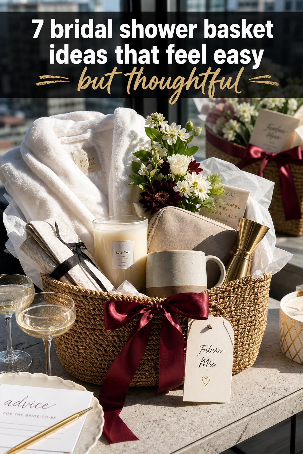 Bridal shower basket ideas with elegant gift baskets, candles, and spa treats arranged on a table