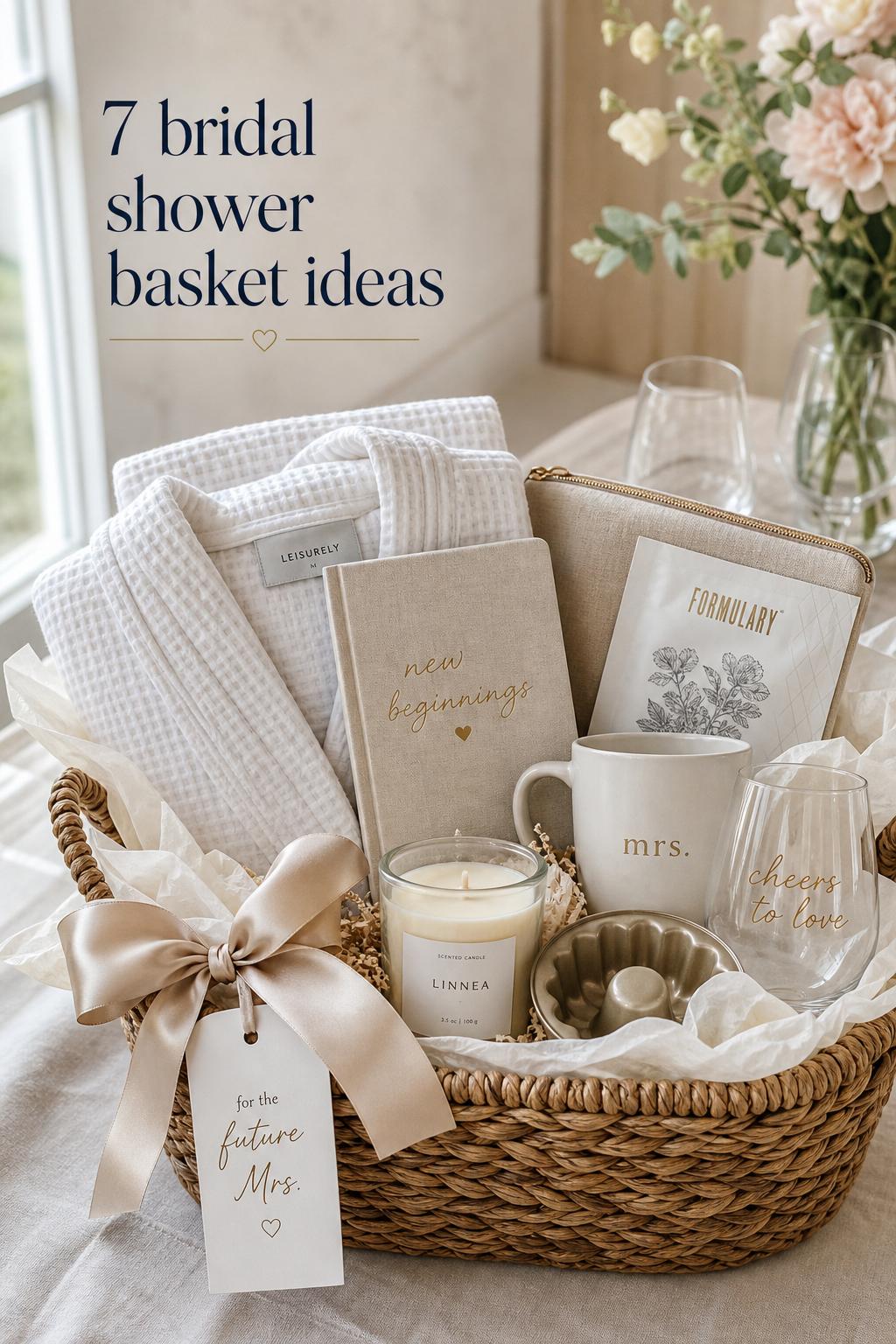 Bridal shower basket ideas: elegant woven gift basket with robe, candle, mug, journal and ribbon on a minimalist table
