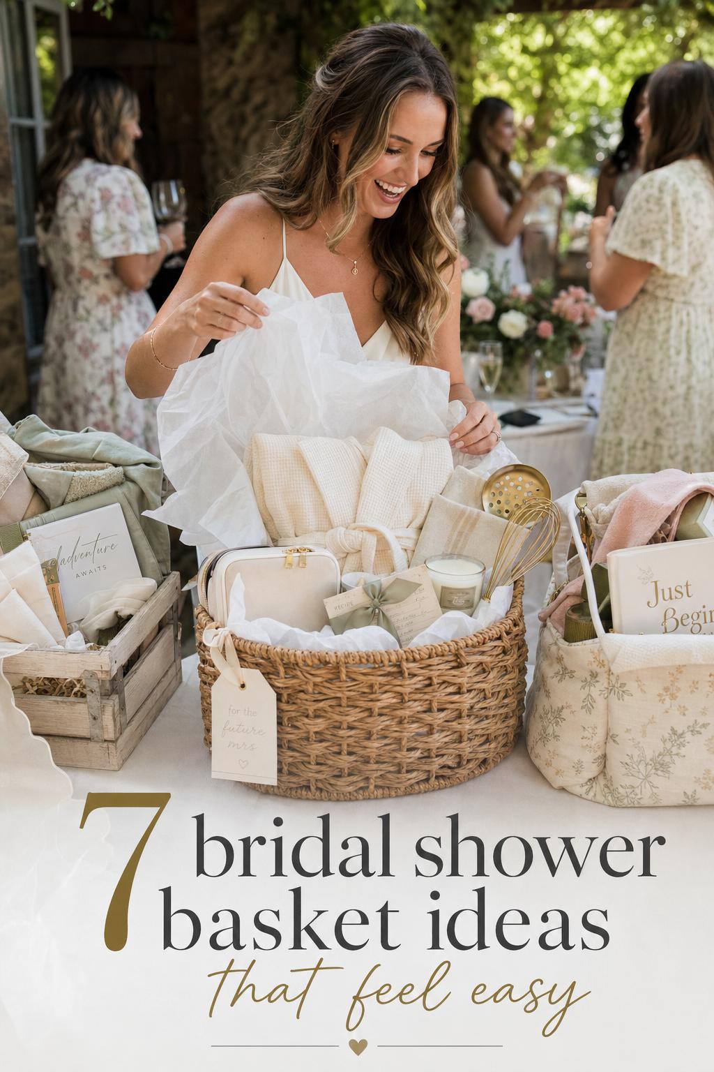 Bridal shower basket ideas shown as bride opens a woven gift basket on a garden party gift table with friends blurred behind