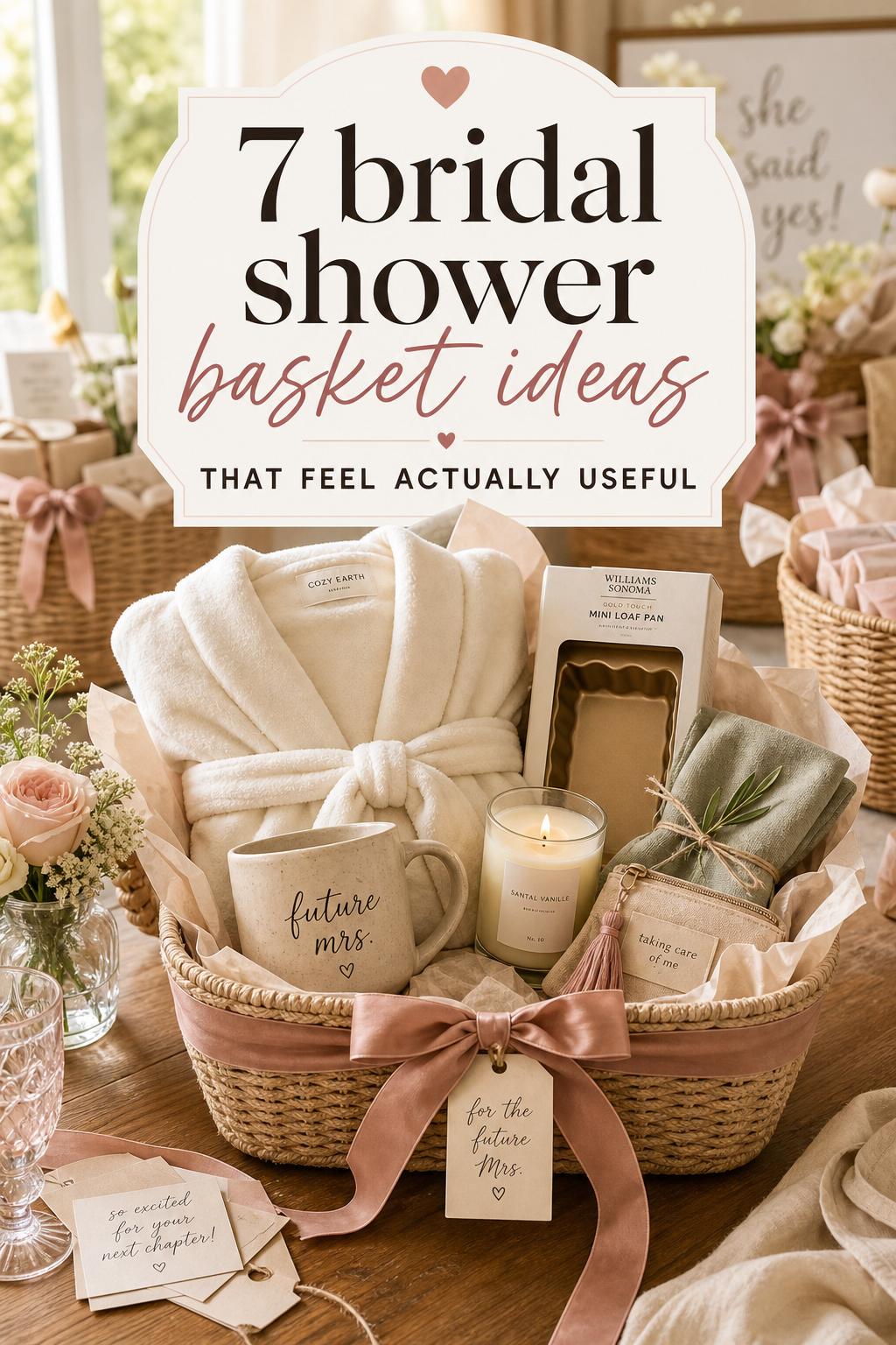 Bridal shower basket ideas with a woven gift basket on a wood table, spa robe, candle, mug, and flowers in warm light