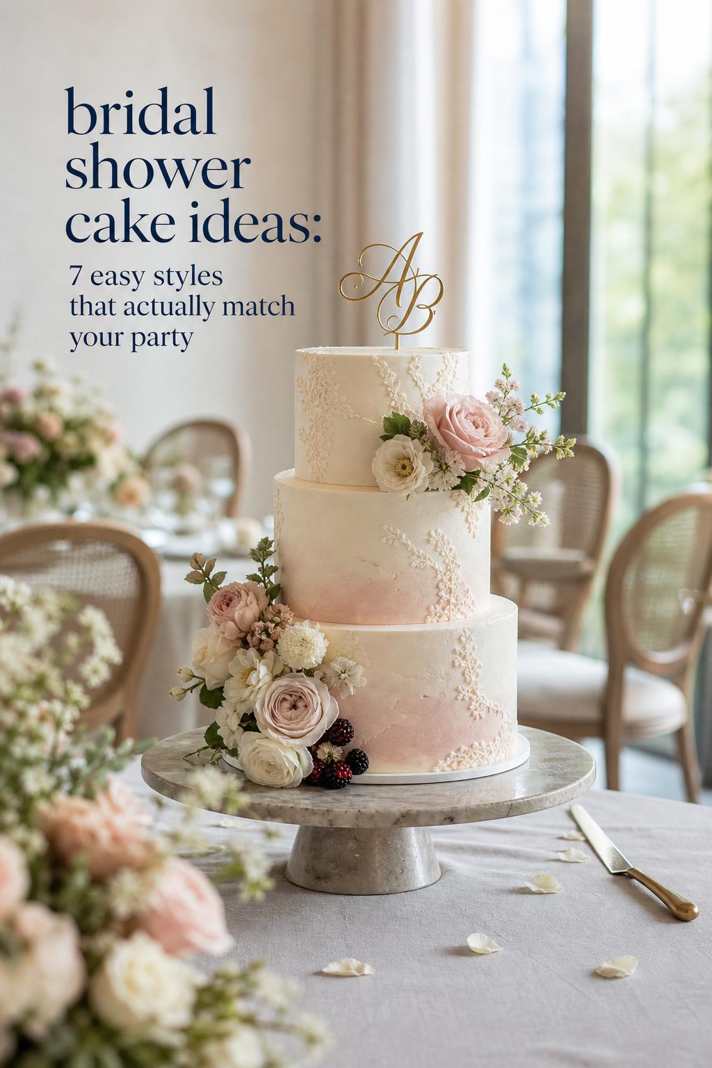 Bridal shower cake ideas showcased on a refined dessert table with an ivory ombré buttercream tiered cake in soft daylight