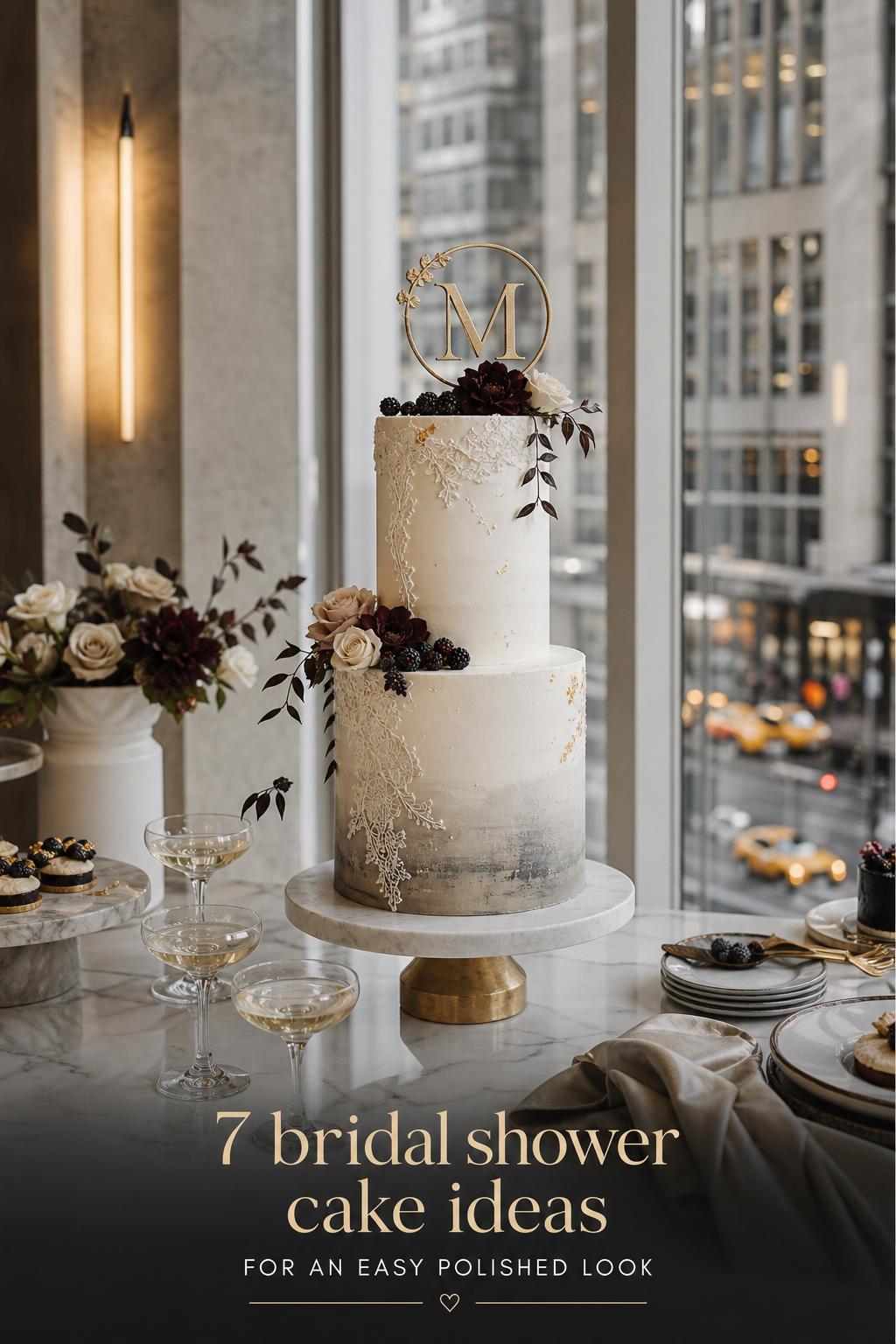Bridal shower cake ideas shown in a luxury hotel dessert display with an ombré buttercream cake, florals, and skyline view.