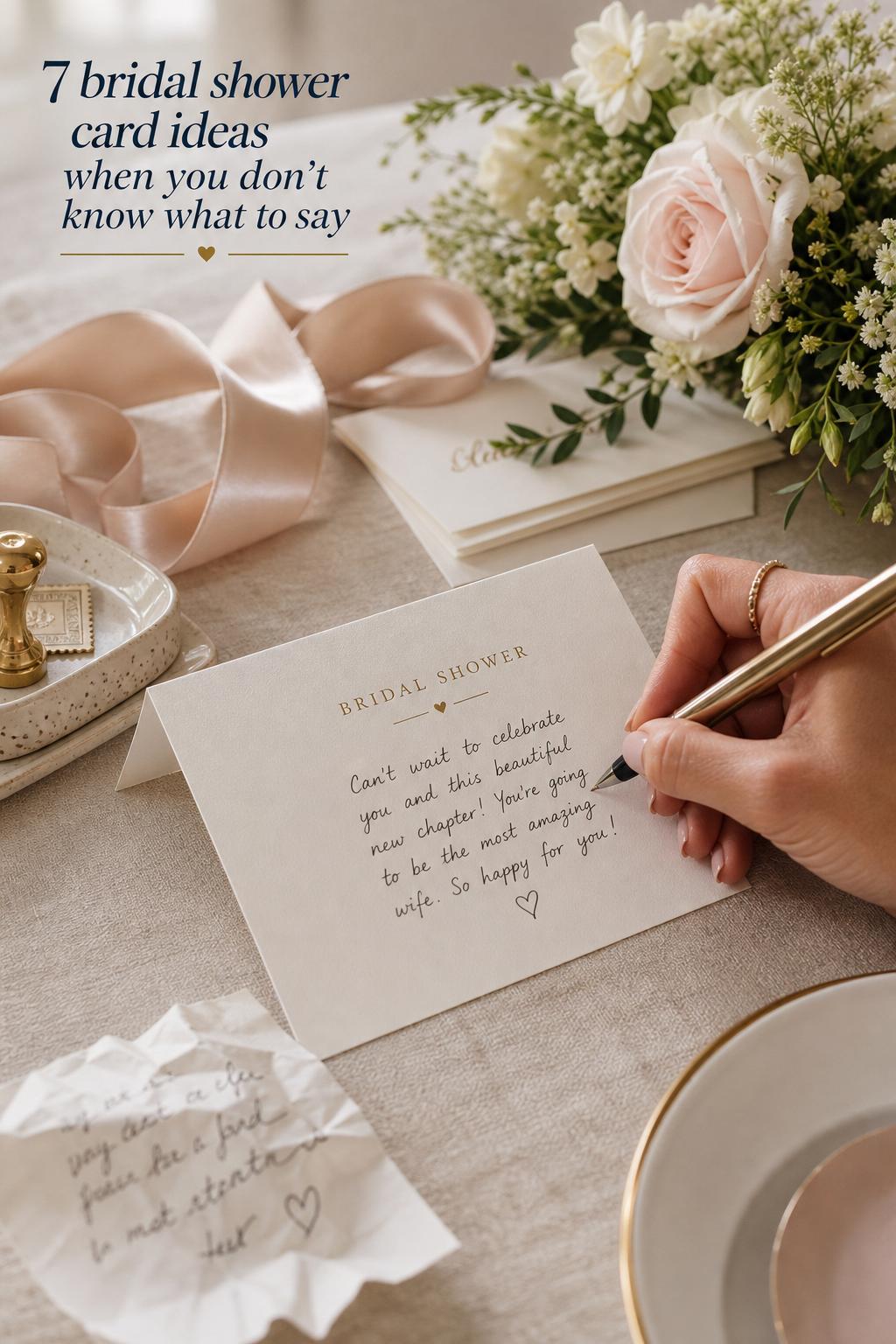 bridal shower card ideas with a hand writing on an elegant cream card beside blush florals and ribbon on a linen table