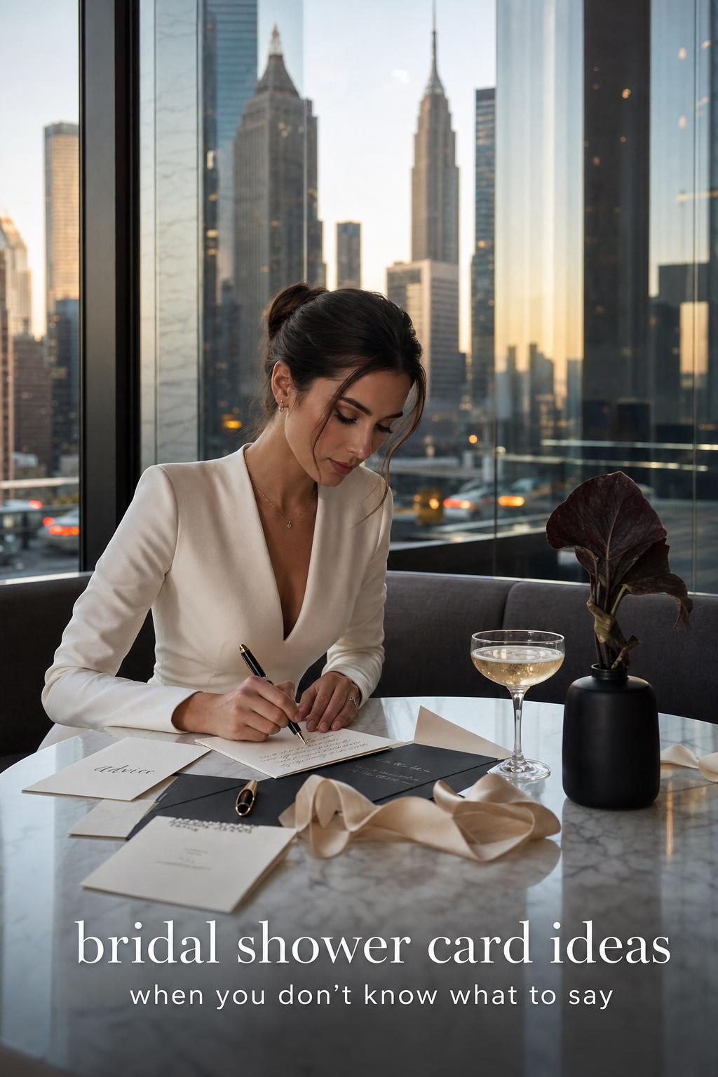 Bridal shower card ideas: modern bride writing an elegant card at a marble rooftop table with luxury stationery and champagne