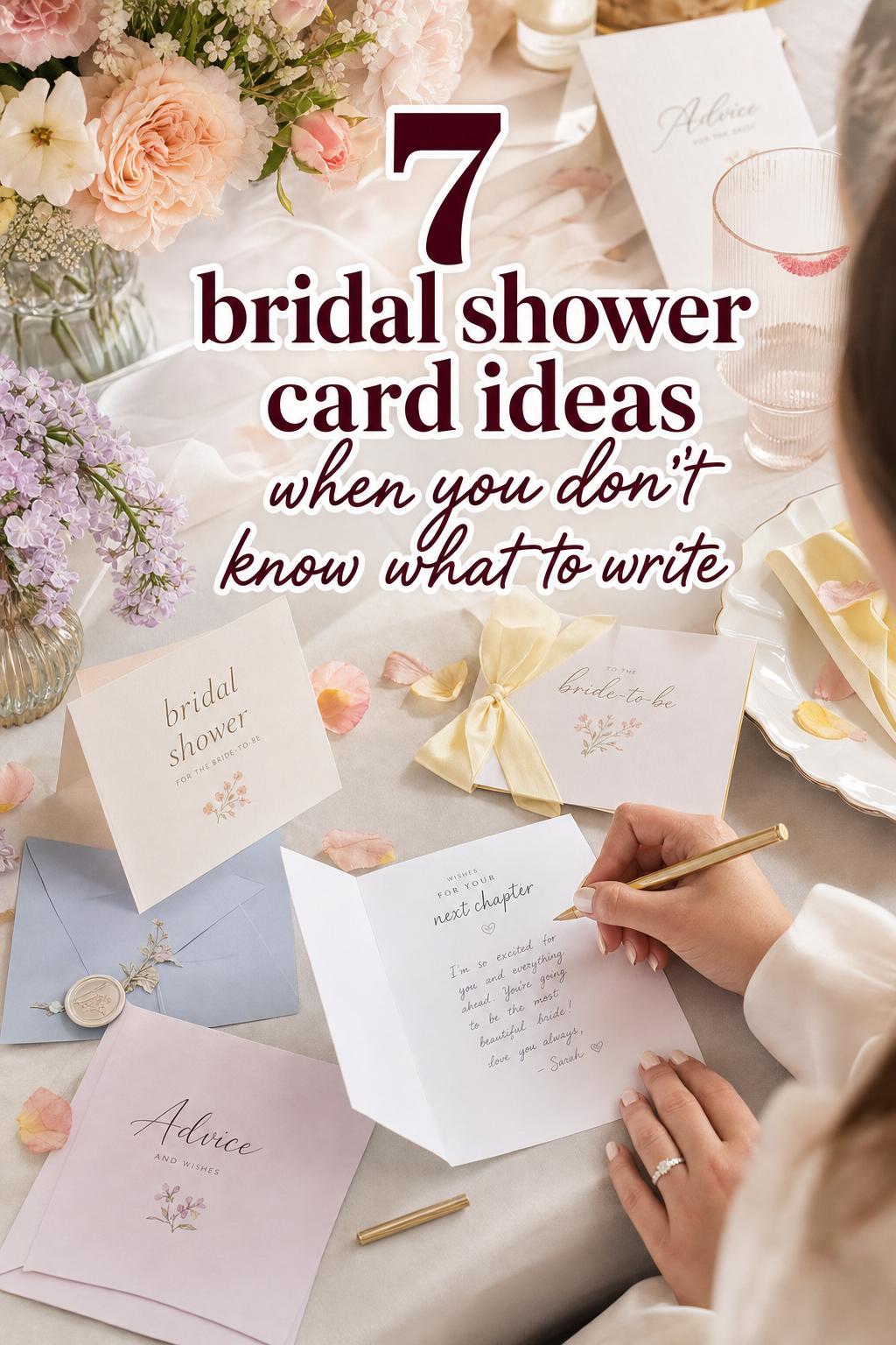 Bridal shower card ideas: elegant pastel stationery with a handwritten card, ribbons, envelopes and florals on a refined table