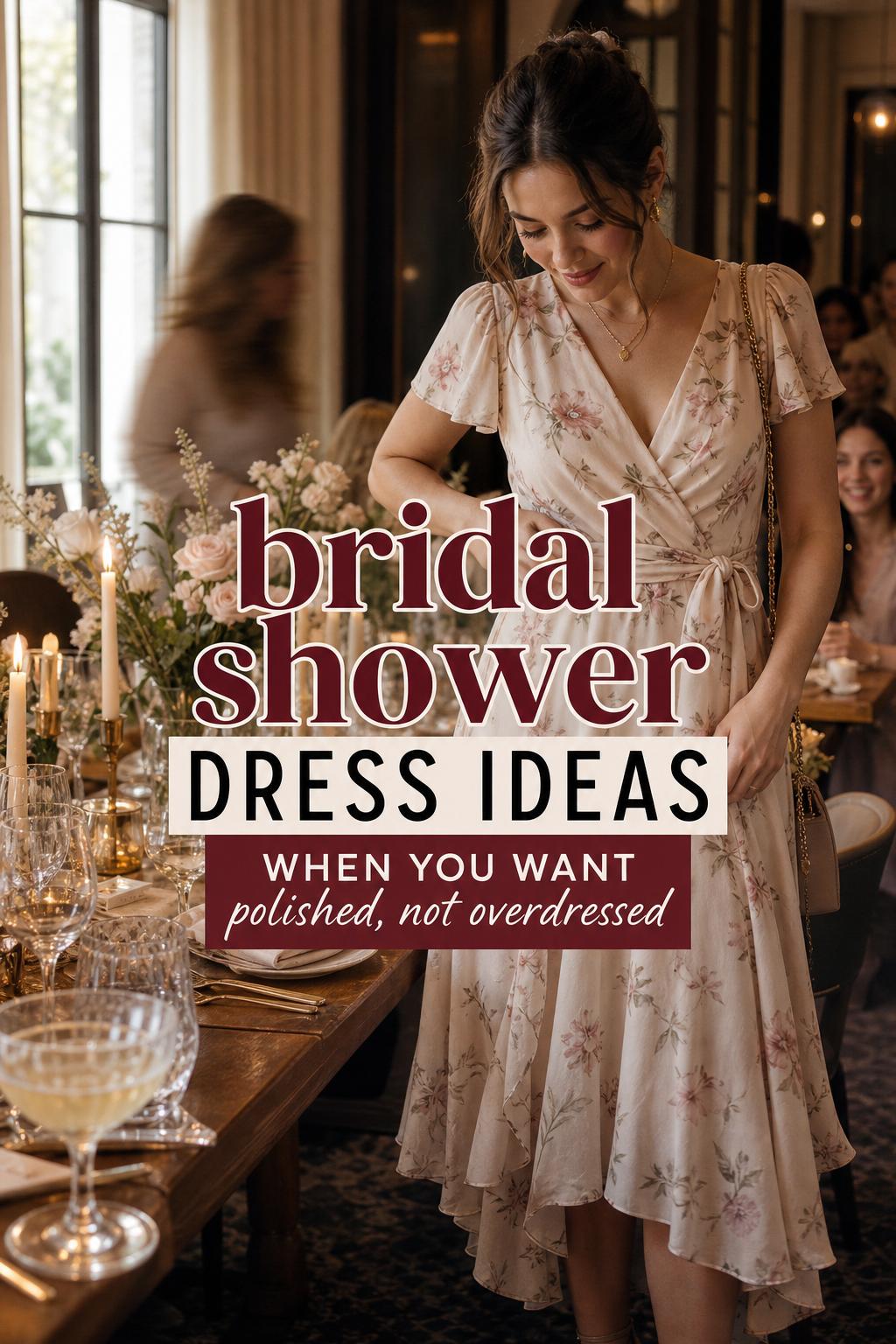 Bride-to-be in a champagne midi wrap dress beside a candlelit brunch table, showcasing bridal shower dress ideas in a hotel dining room