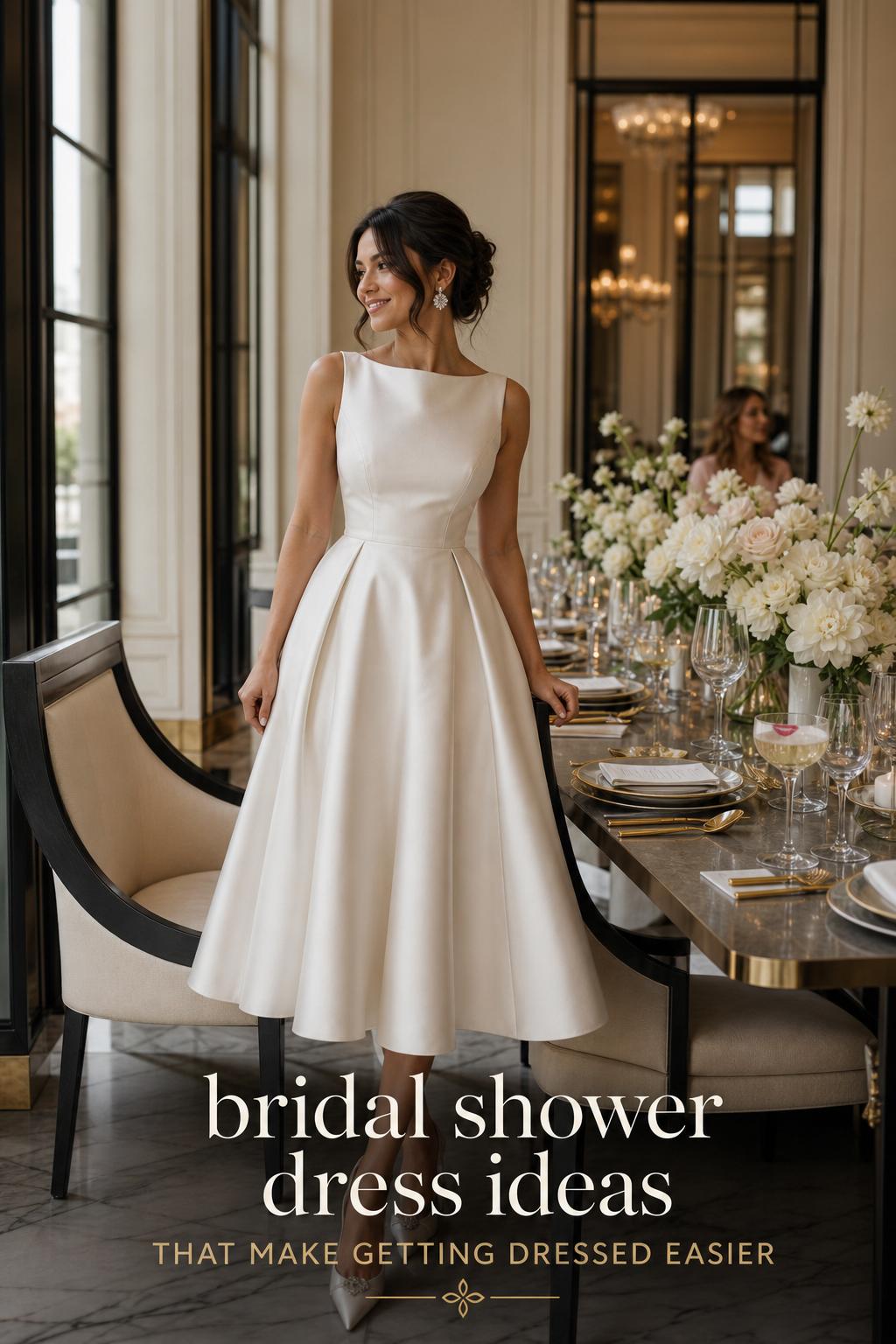 Bridal shower dress ideas in an elegant hotel dining room, woman in ivory satin midi dress by a styled table