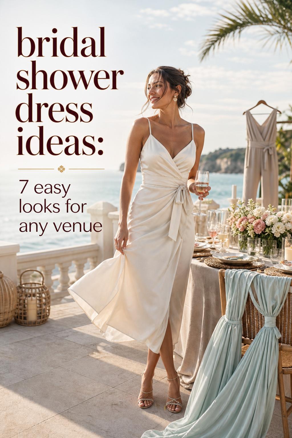 Bridal shower dress ideas: bride in ivory satin midi dress on oceanfront resort terrace beside elegant brunch table