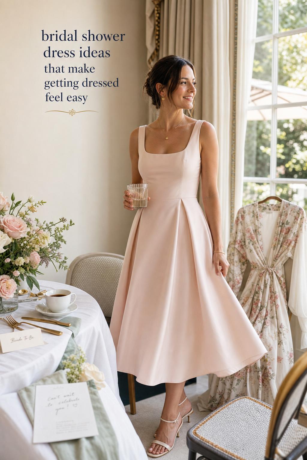 Bridal shower dress ideas featuring a bride-to-be in a blush pastel midi dress by a sunlit dining room window.