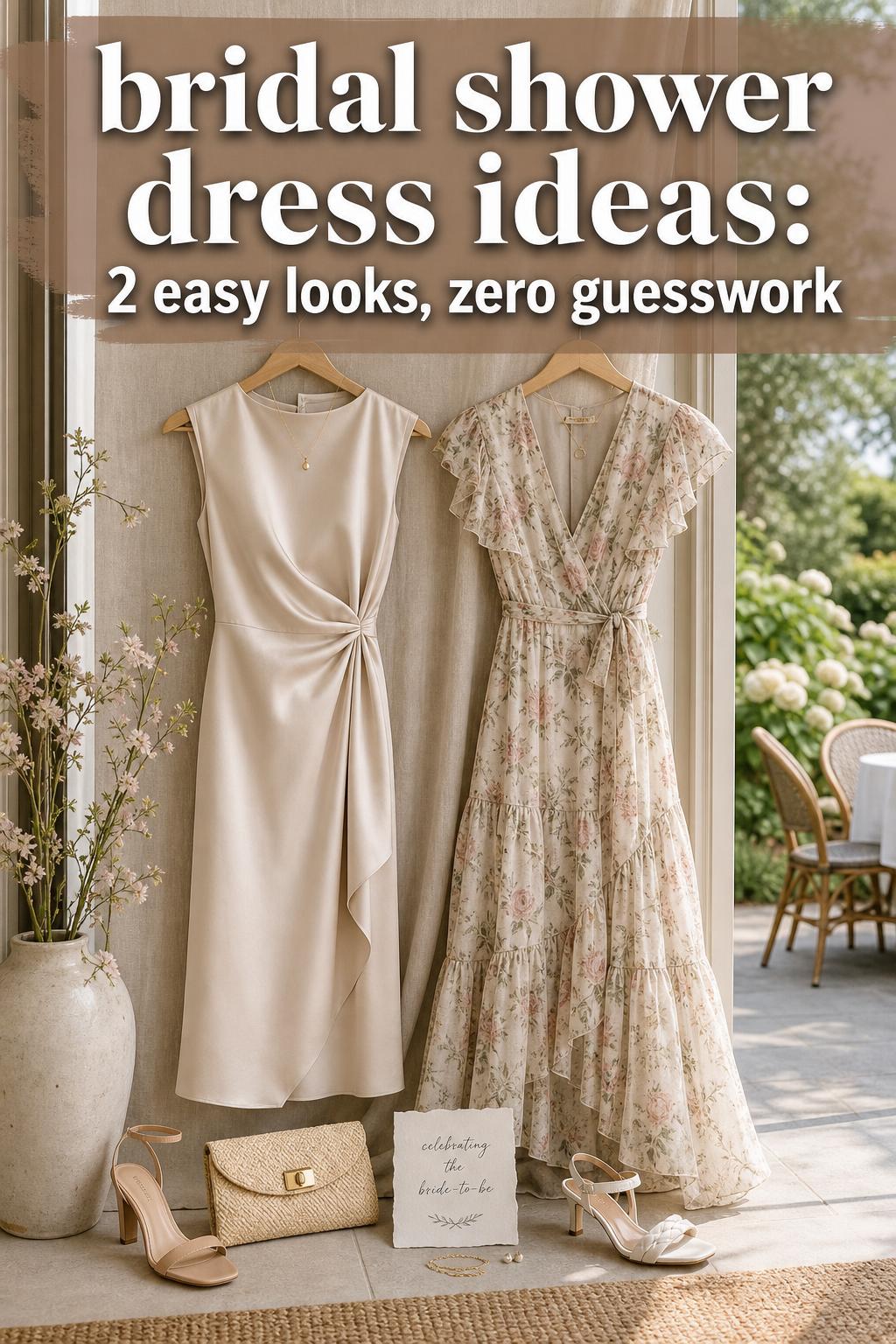 Bridal shower dress ideas with elegant white midi dress, soft florals, and feminine accessories in natural light